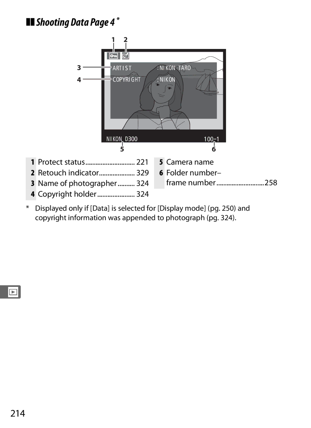 Nikon D300OUTFIT, D300BODY, 920162 user manual 214, Protect status 221 Camera name, Folder number, 324 