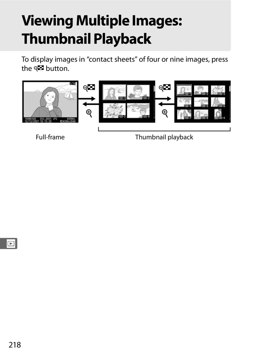 Nikon D300BODY, D300OUTFIT, 920162 user manual Viewing Multiple Images Thumbnail Playback, 218, Full-frame 