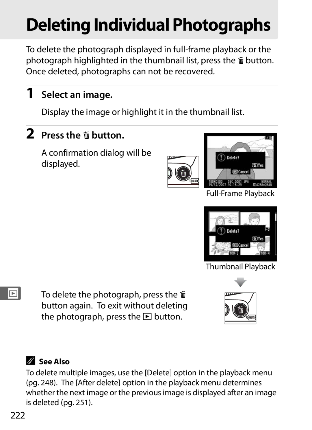 Nikon 920162, D300OUTFIT, D300BODY Press the Obutton, 222, Display the image or highlight it in the thumbnail list 