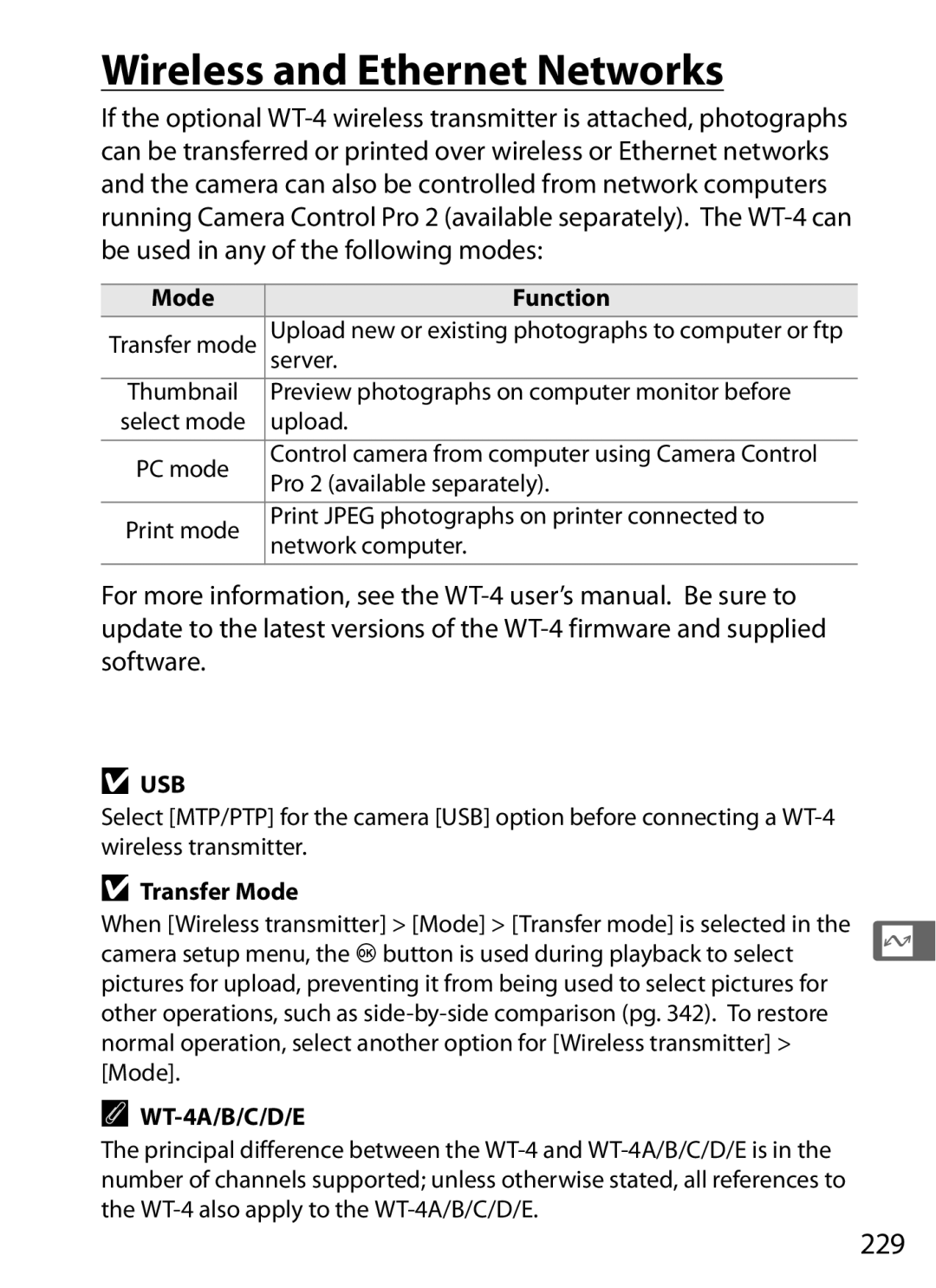 Nikon D300OUTFIT, D300BODY, 920162 user manual Wireless and Ethernet Networks, 229, Mode Function, Transfer Mode 