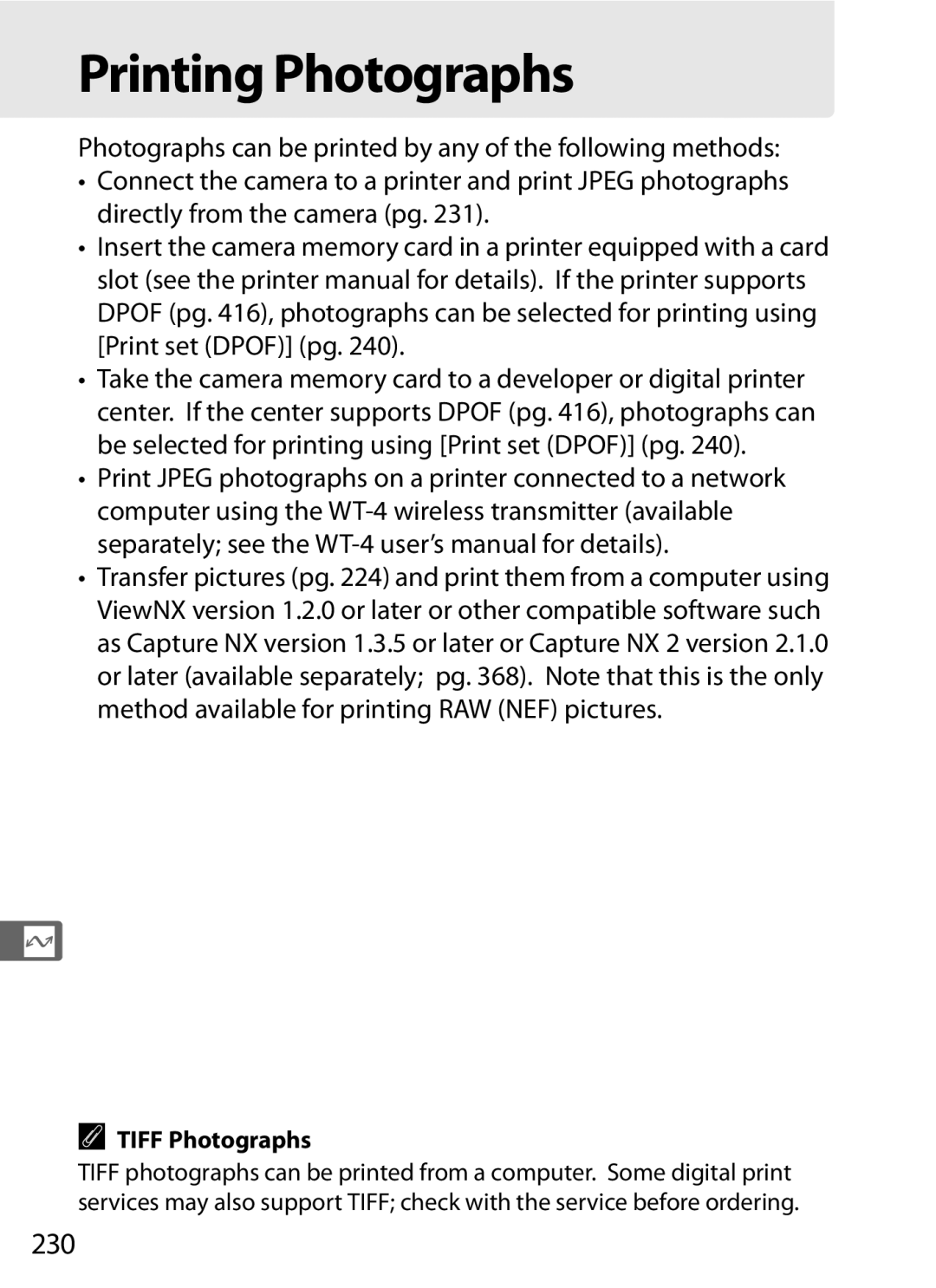 Nikon D300BODY, D300OUTFIT, 920162 user manual Printing Photographs, 230, Tiff Photographs 