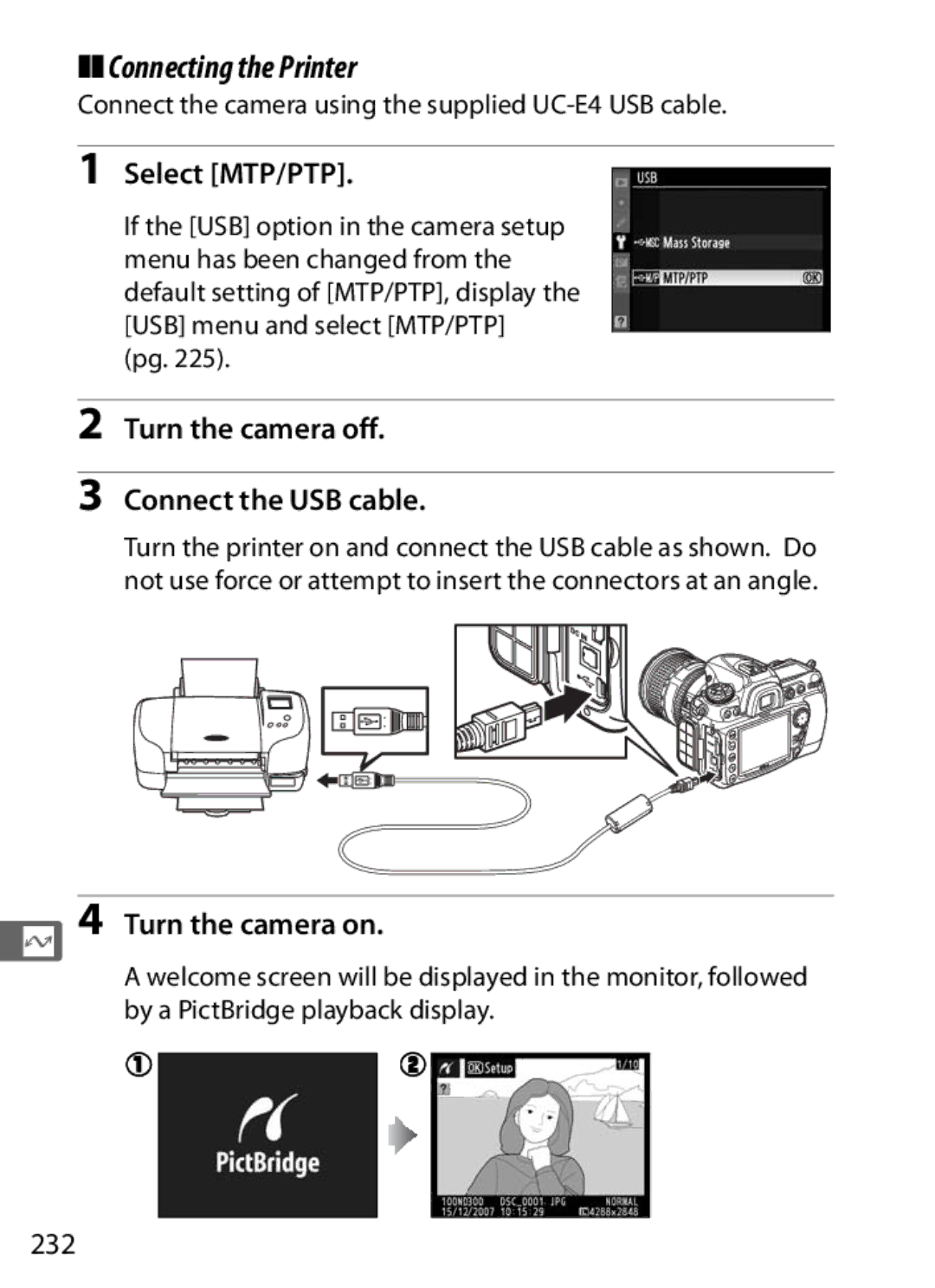 Nikon D300OUTFIT, D300BODY, 920162 Connecting the Printer, Select MTP/PTP, Turn the camera off Connect the USB cable, 232 