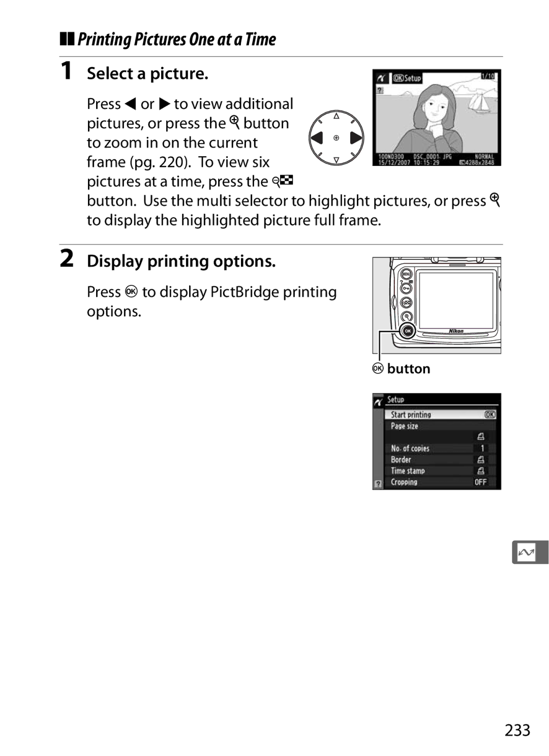 Nikon D300BODY, D300OUTFIT, 920162 Printing Pictures One at a Time, Select a picture, Display printing options, 233 