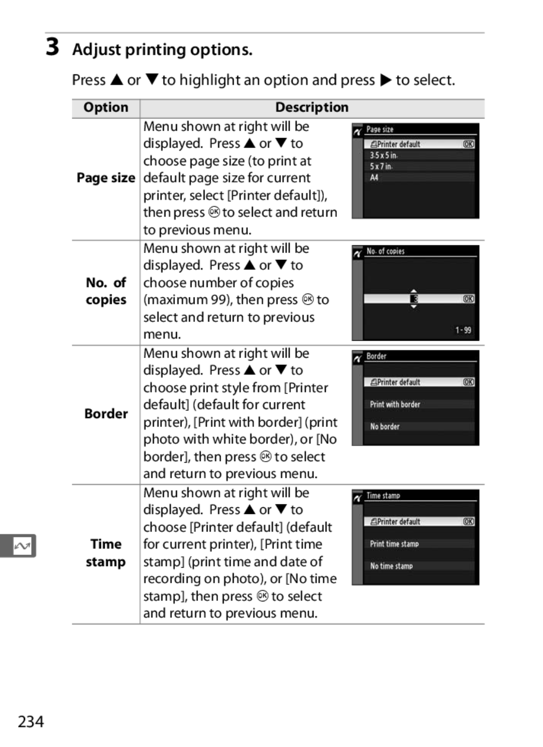 Nikon 920162, D300OUTFIT Adjust printing options, 234, Press 1 or 3 to highlight an option and press 2 to select, No 