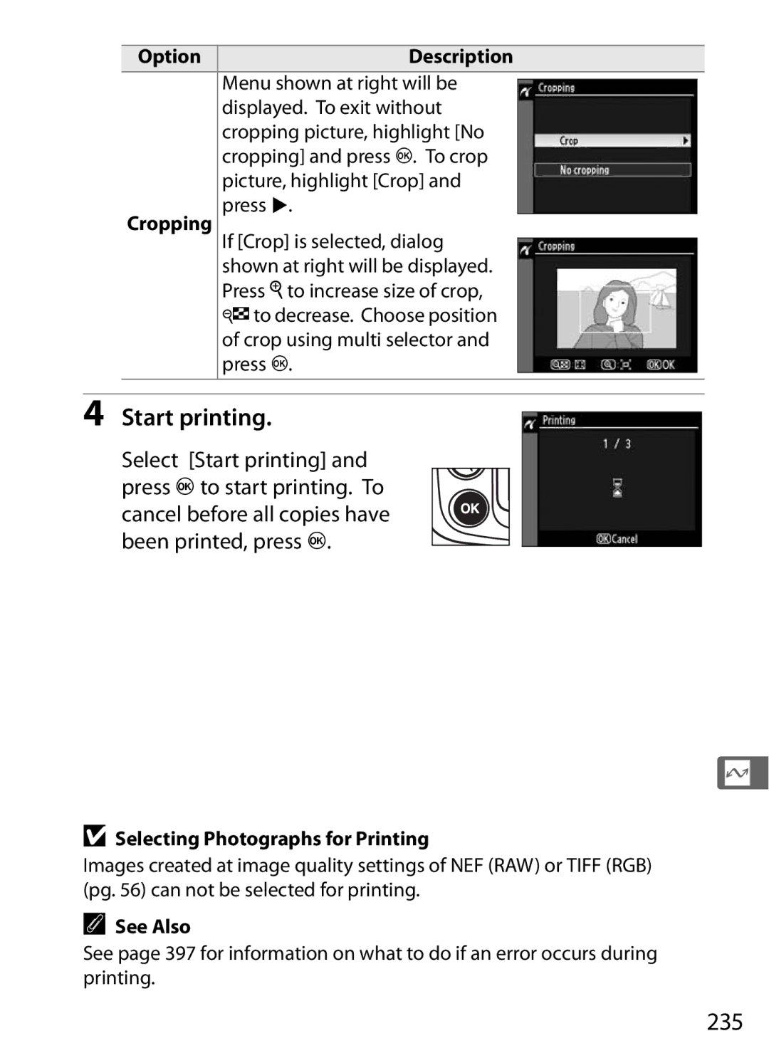 Nikon D300OUTFIT, D300BODY, 920162 user manual Start printing, 235, Cropping, Selecting Photographs for Printing 