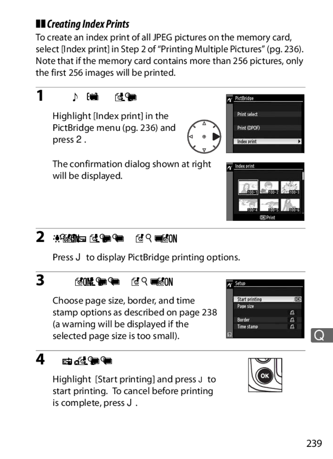 Nikon D300BODY, D300OUTFIT, 920162 user manual Creating Index Prints, Select Index print, 239 