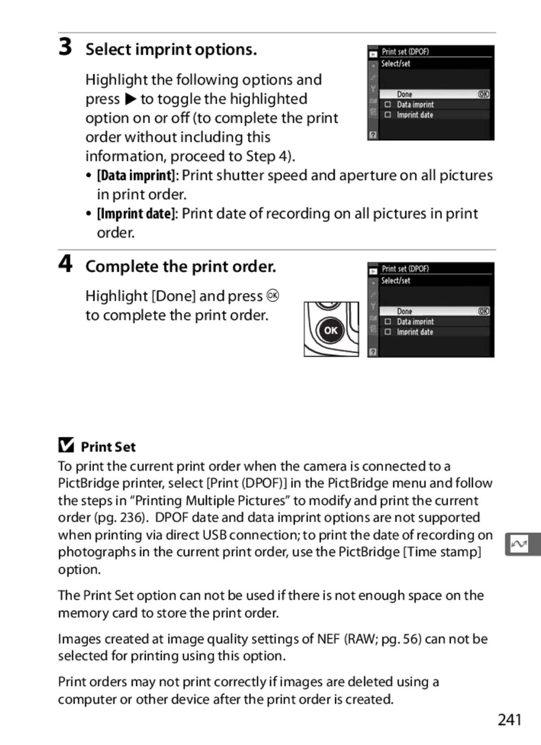 Nikon D300OUTFIT, D300BODY, 920162 user manual Select imprint options, Complete the print order, 241, Print Set 