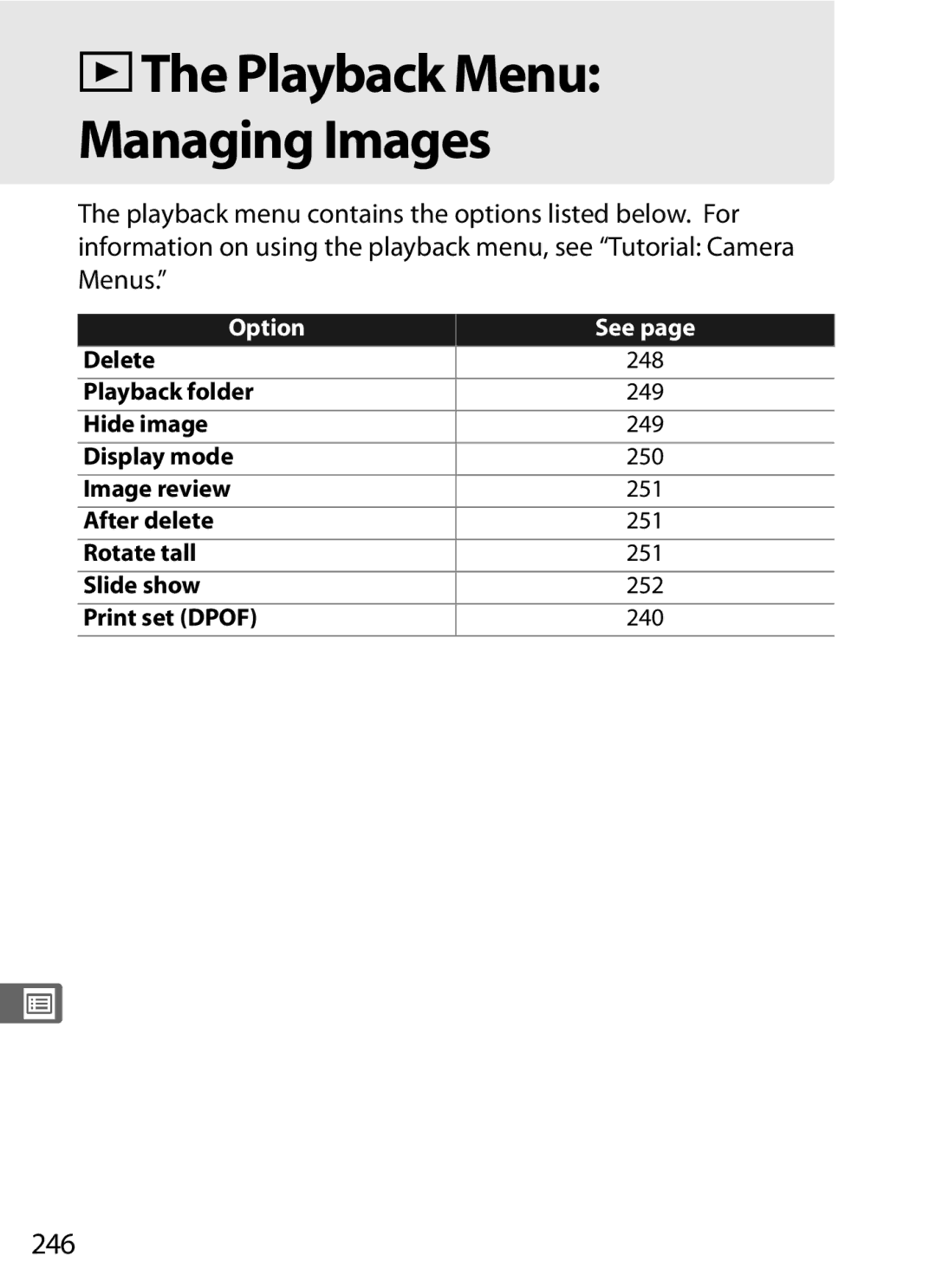 Nikon 920162, D300OUTFIT, D300BODY user manual DThe Playback Menu Managing Images, 246 