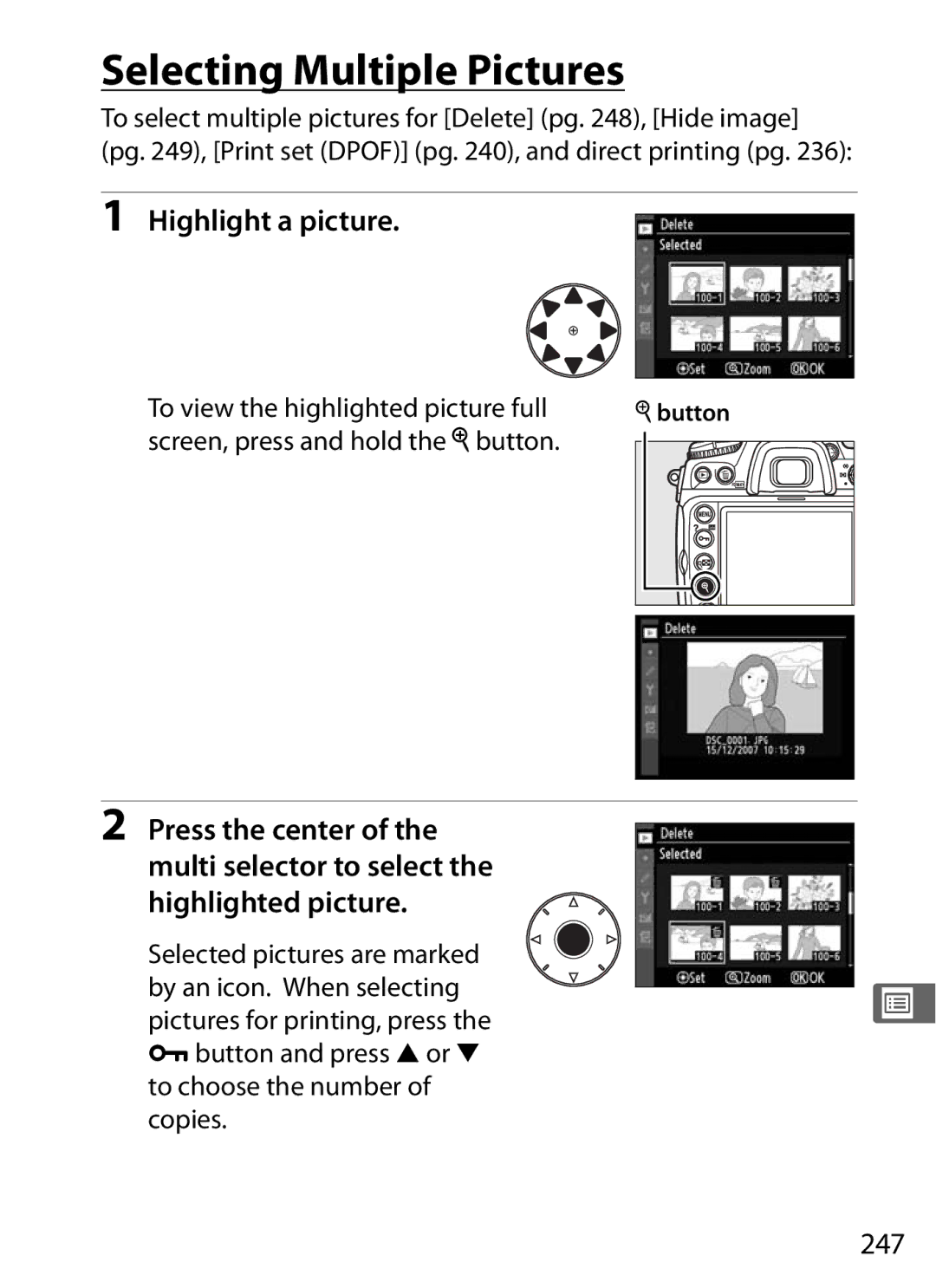 Nikon D300OUTFIT, D300BODY Selecting Multiple Pictures, Highlight a picture, 247, To view the highlighted picture full 