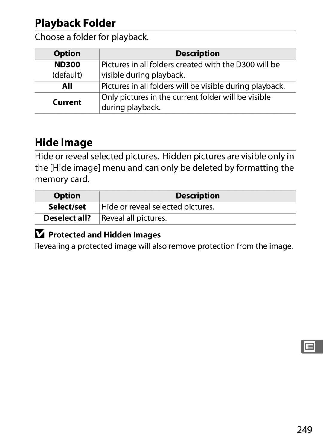 Nikon 920162, D300OUTFIT, D300BODY user manual Playback Folder, Hide Image, 249, Choose a folder for playback 