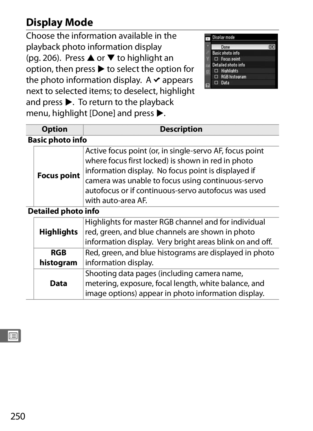 Nikon D300OUTFIT, D300BODY, 920162 user manual Display Mode, 250, Focus point, Detailed photo info Highlights 