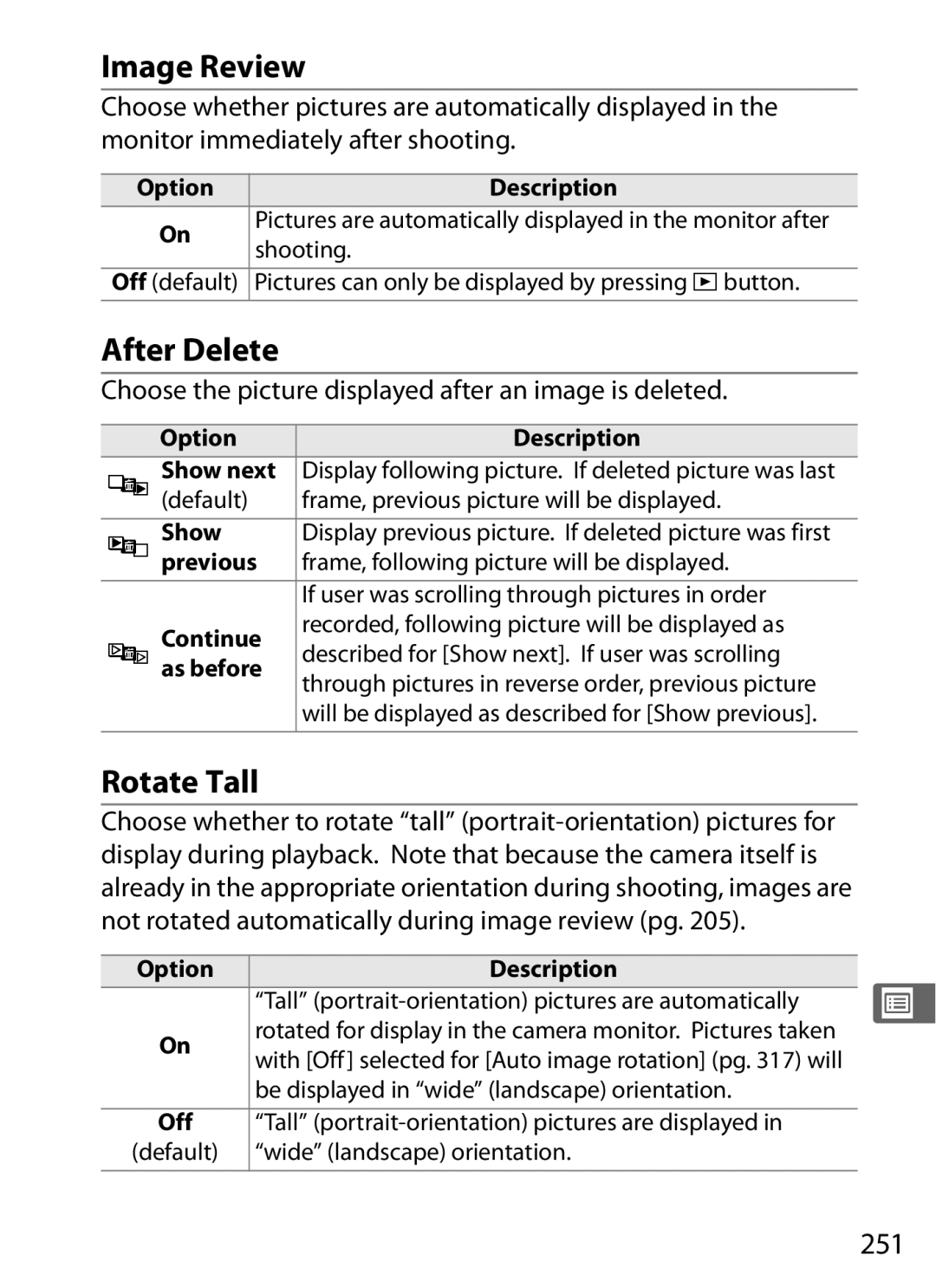 Nikon D300BODY Image Review, After Delete, Rotate Tall, 251, Choose the picture displayed after an image is deleted 