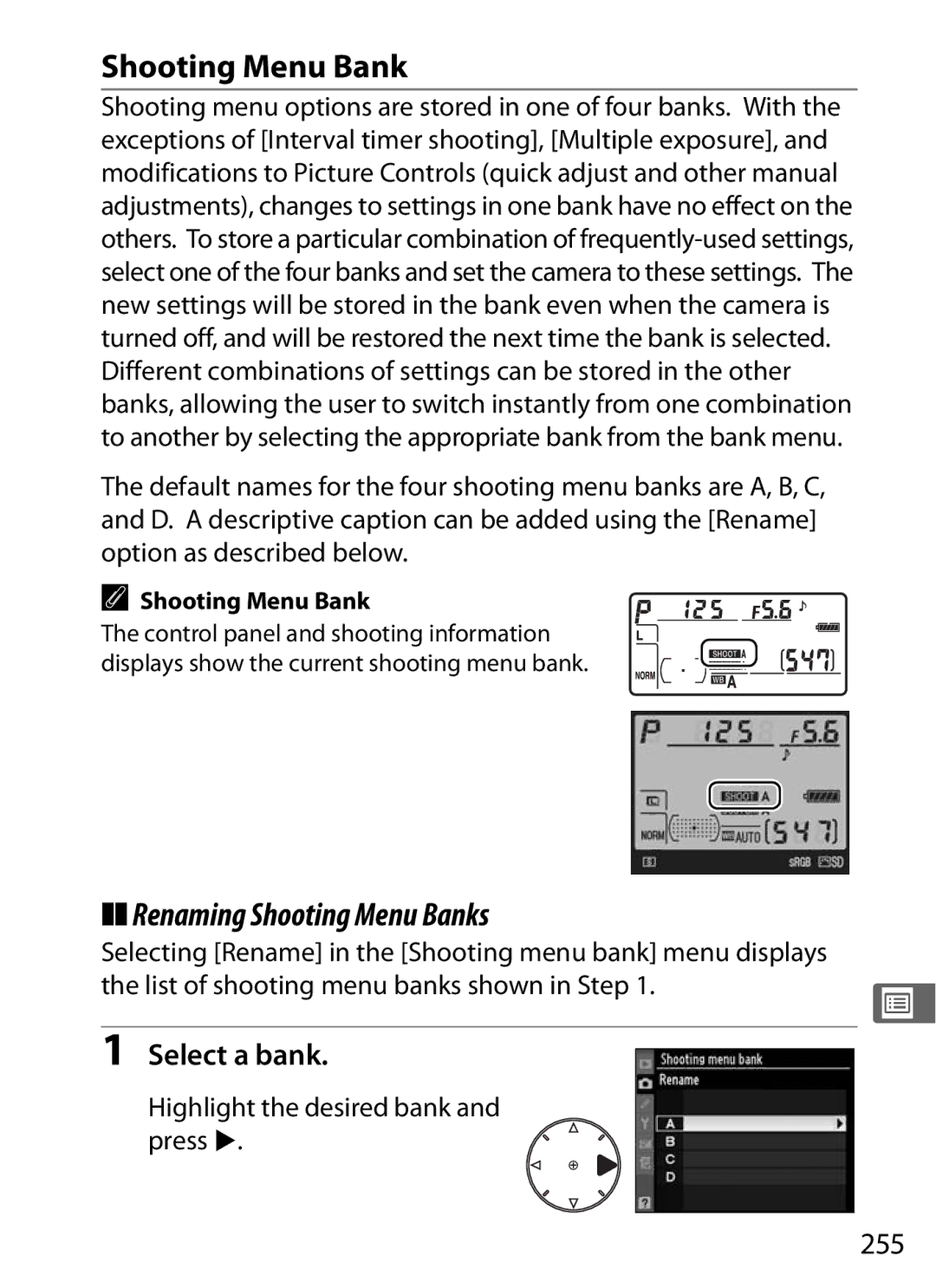 Nikon 920162, D300OUTFIT Renaming Shooting Menu Banks, Select a bank, 255, Highlight the desired bank and press 