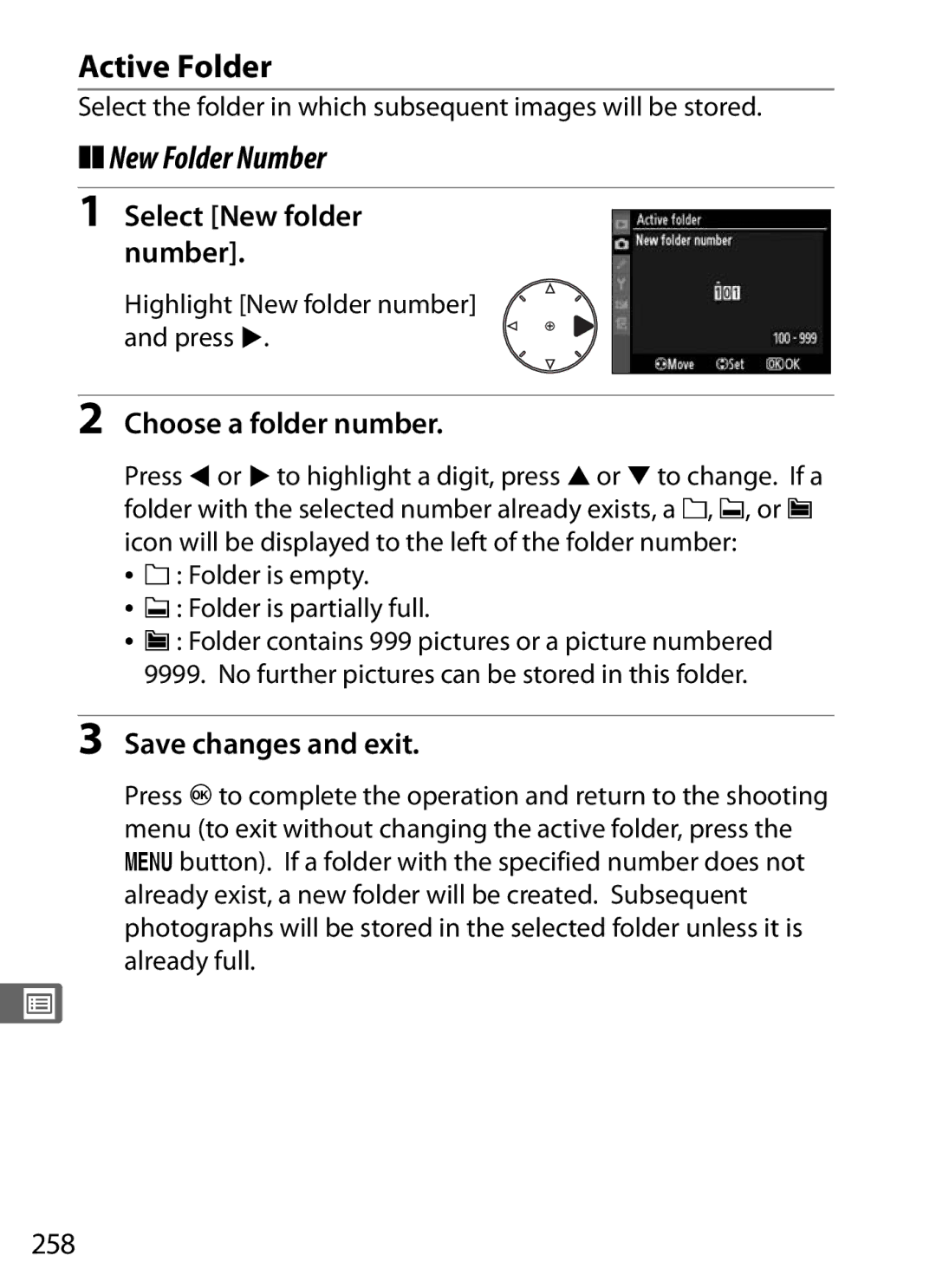 Nikon 920162, D300OUTFIT, D300BODY Active Folder, New Folder Number, Select New folder number, Choose a folder number, 258 