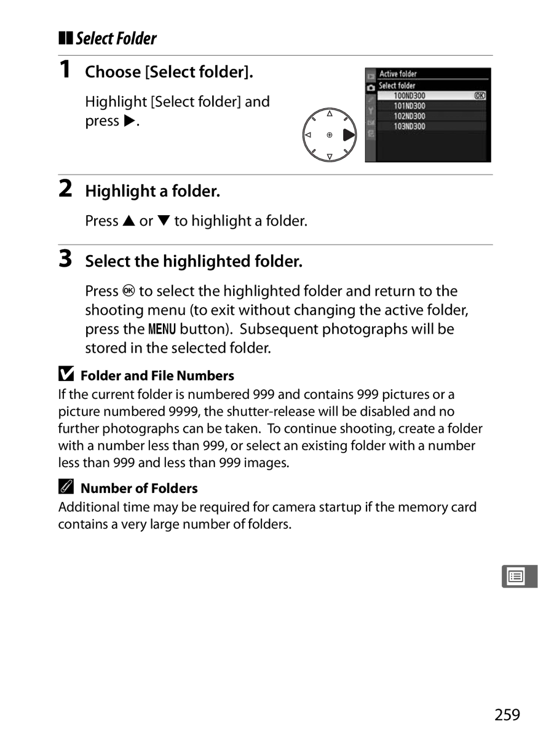 Nikon D300OUTFIT, D300BODY Select Folder, Choose Select folder, Highlight a folder, Select the highlighted folder, 259 