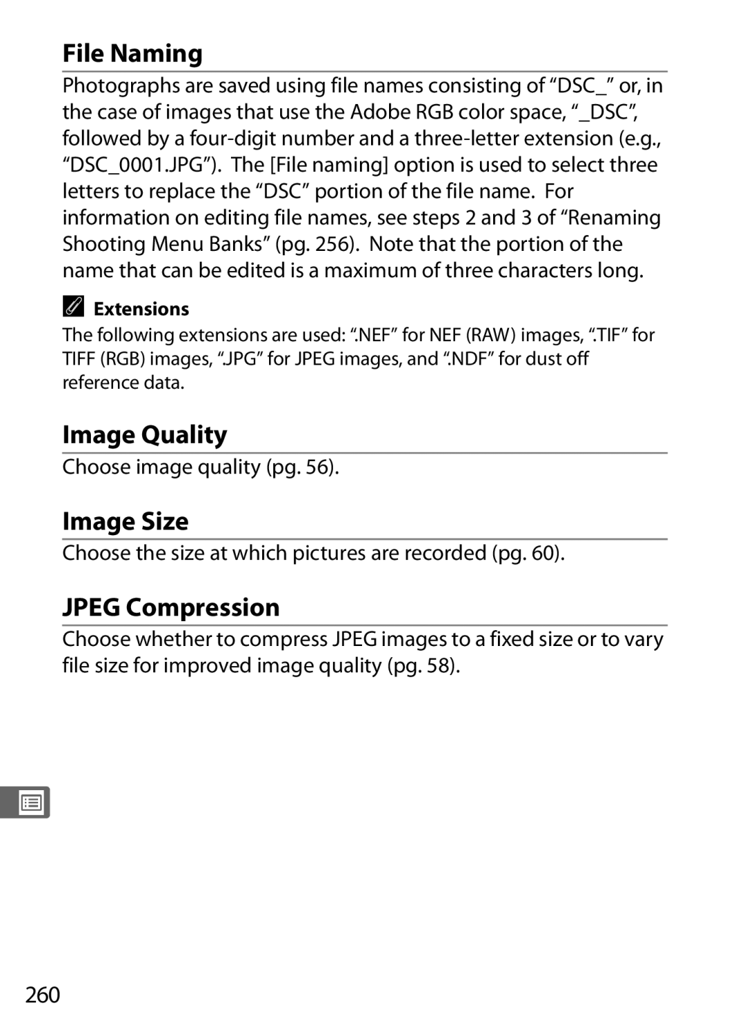 Nikon D300BODY, D300OUTFIT, 920162 user manual File Naming, Image Quality, Image Size, Jpeg Compression, 260 