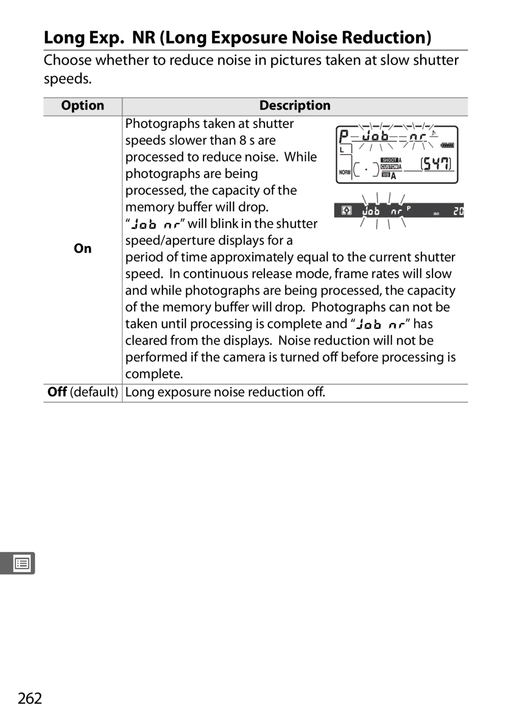 Nikon D300OUTFIT, D300BODY, 920162 user manual Long Exp. NR Long Exposure Noise Reduction, 262 