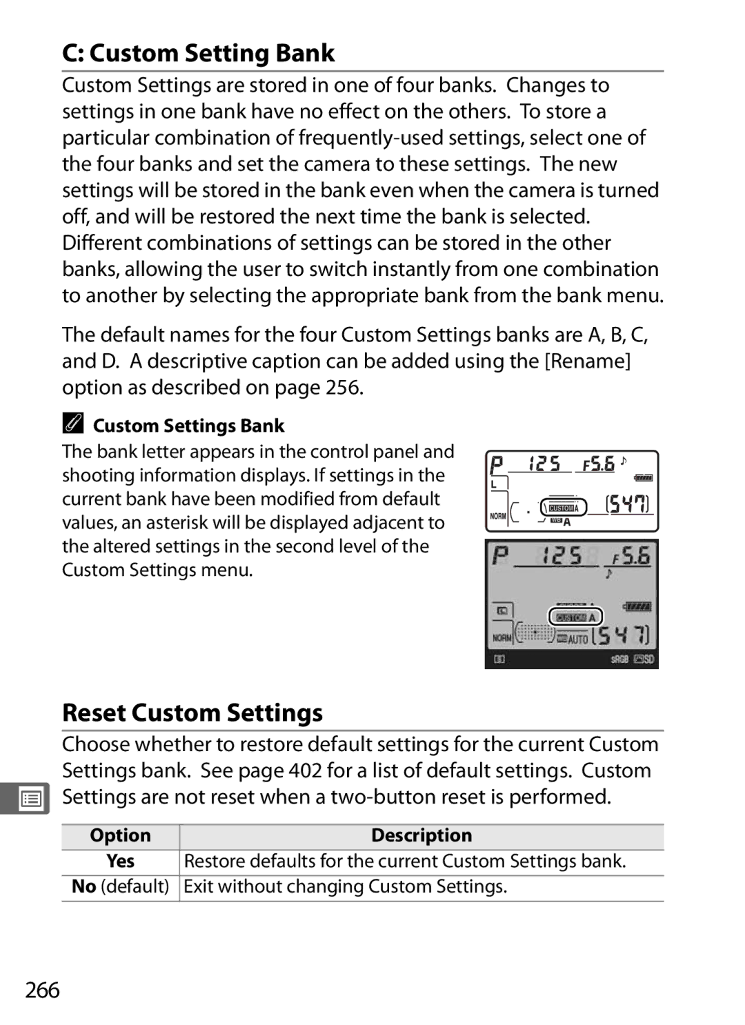 Nikon D300BODY, D300OUTFIT, 920162 user manual Custom Setting Bank, Reset Custom Settings, 266, Custom Settings Bank 