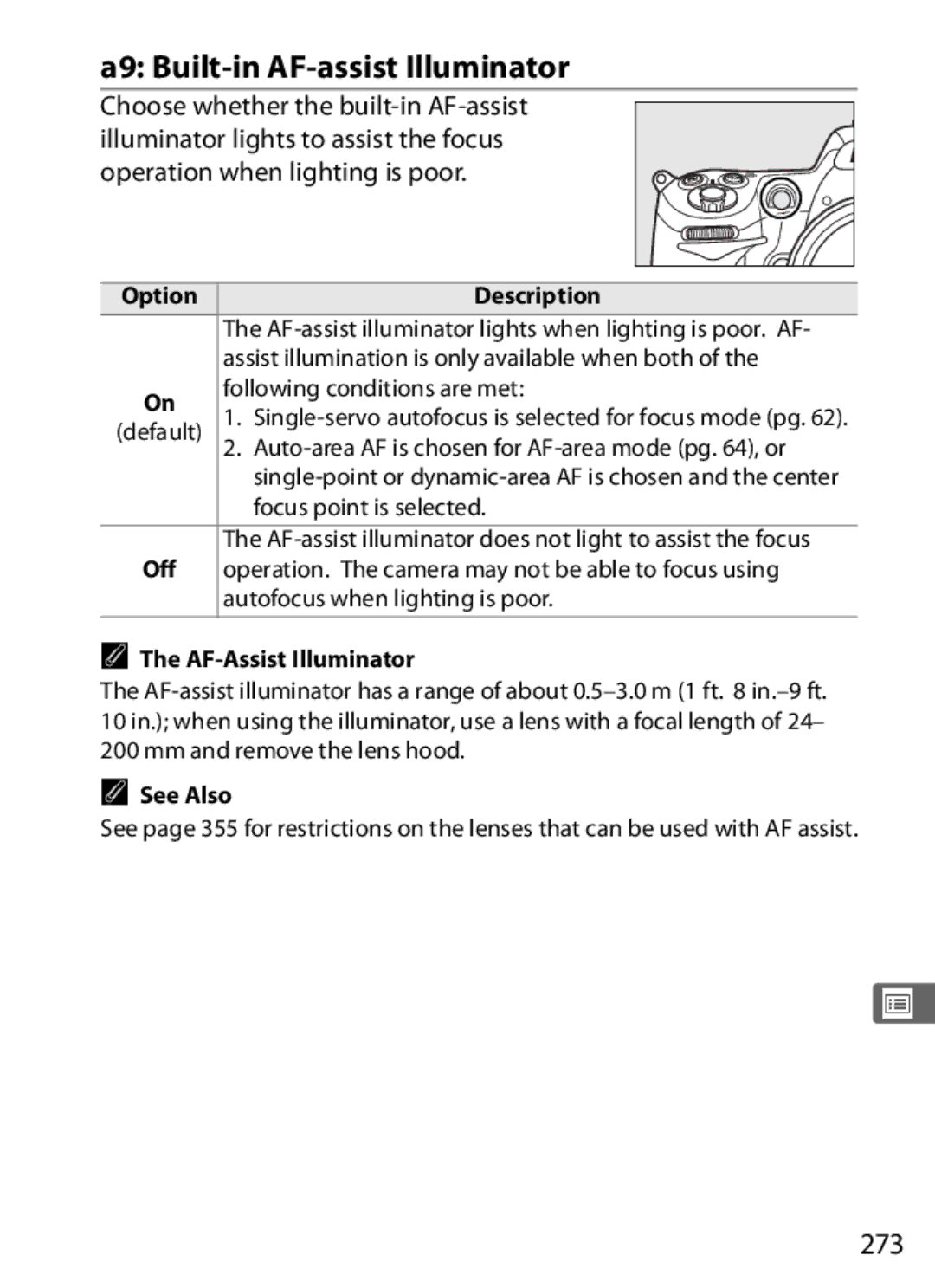 Nikon 920162, D300OUTFIT, D300BODY user manual A9 Built-in AF-assist Illuminator, 273, AF-Assist Illuminator 