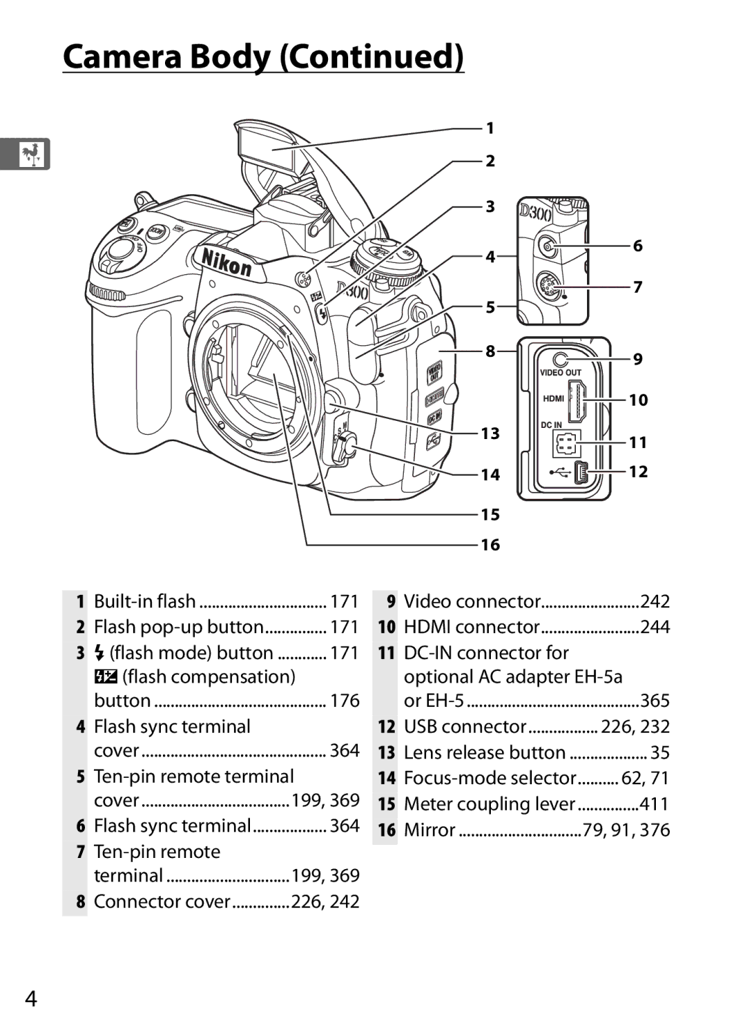 Nikon D300OUTFIT, D300BODY, 920162 user manual Yflash compensation, Flash sync terminal, Ten-pin remote terminal, 365, 411 