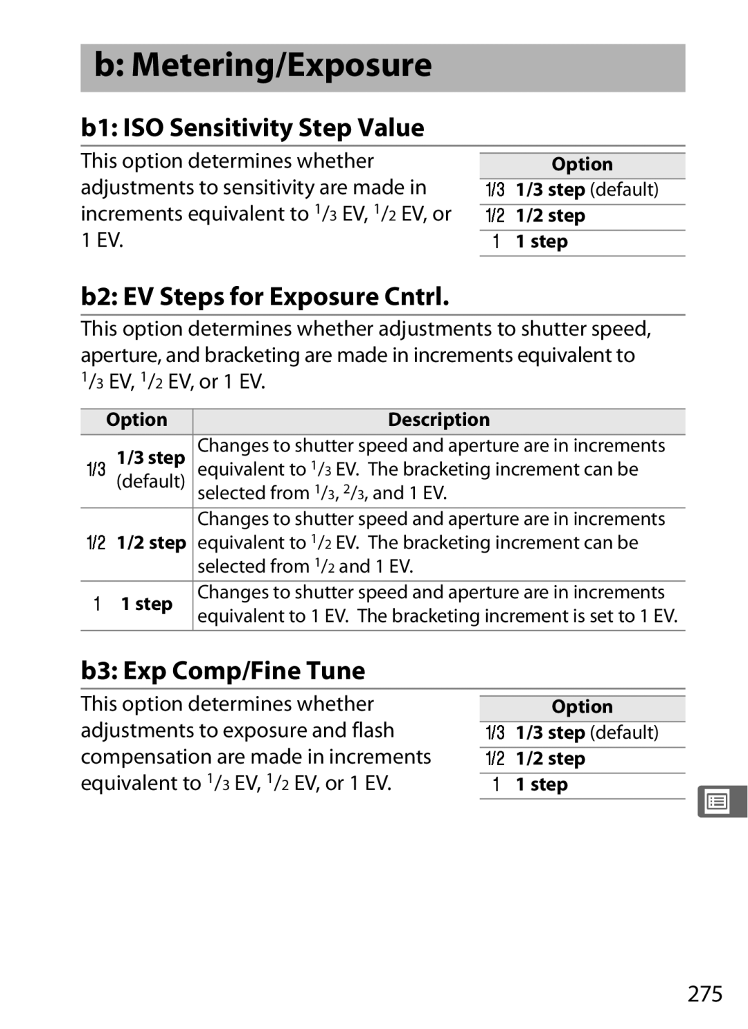 Nikon D300BODY Metering/Exposure, B1 ISO Sensitivity Step Value, B2 EV Steps for Exposure Cntrl, B3 Exp Comp/Fine Tune 