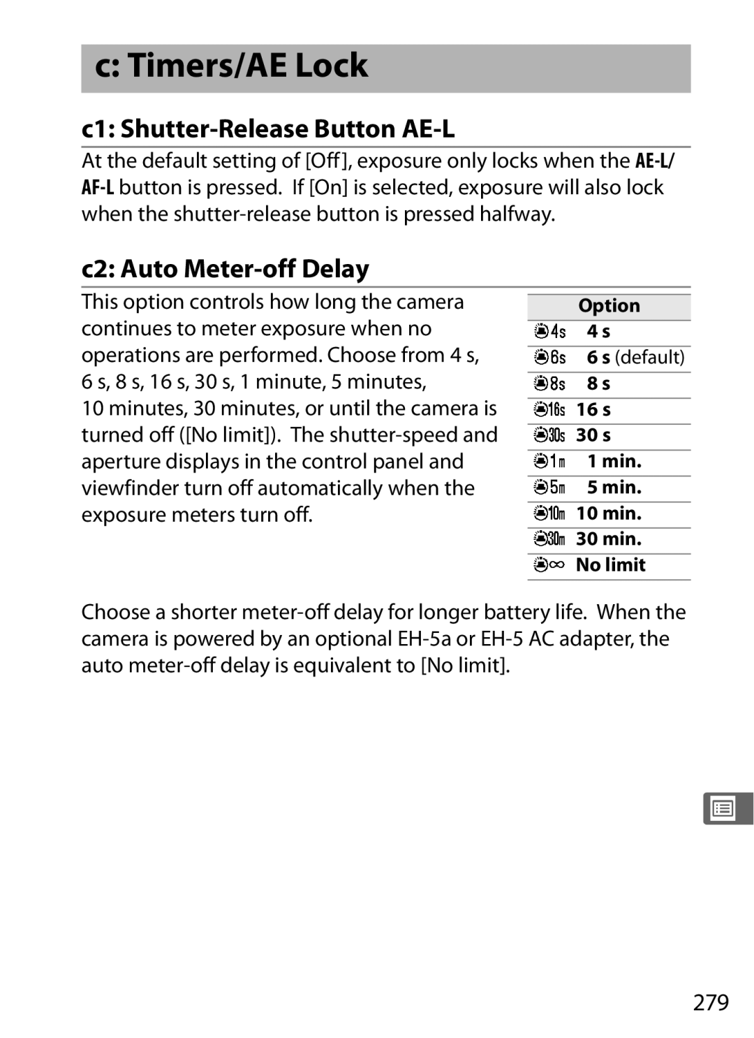 Nikon 920162, D300OUTFIT, D300BODY user manual Timers/AE Lock, C1 Shutter-Release Button AE-L, C2 Auto Meter-off Delay, 279 