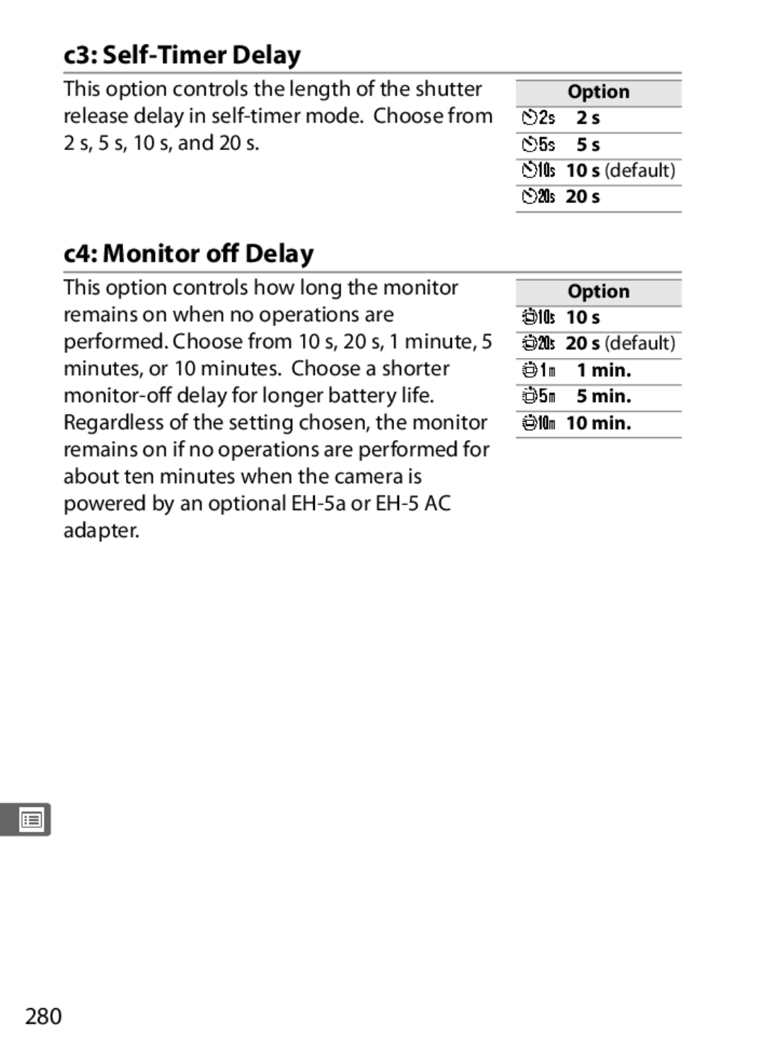 Nikon D300OUTFIT, D300BODY, 920162 user manual C3 Self-Timer Delay, C4 Monitor off Delay, 280 