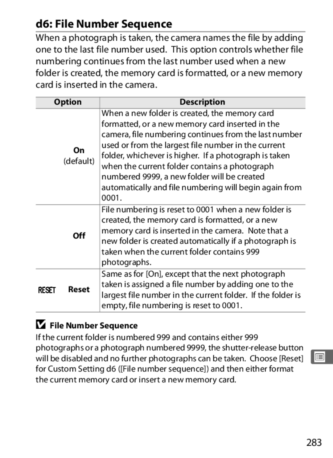 Nikon D300OUTFIT, D300BODY, 920162 user manual D6 File Number Sequence, 283, Reset 