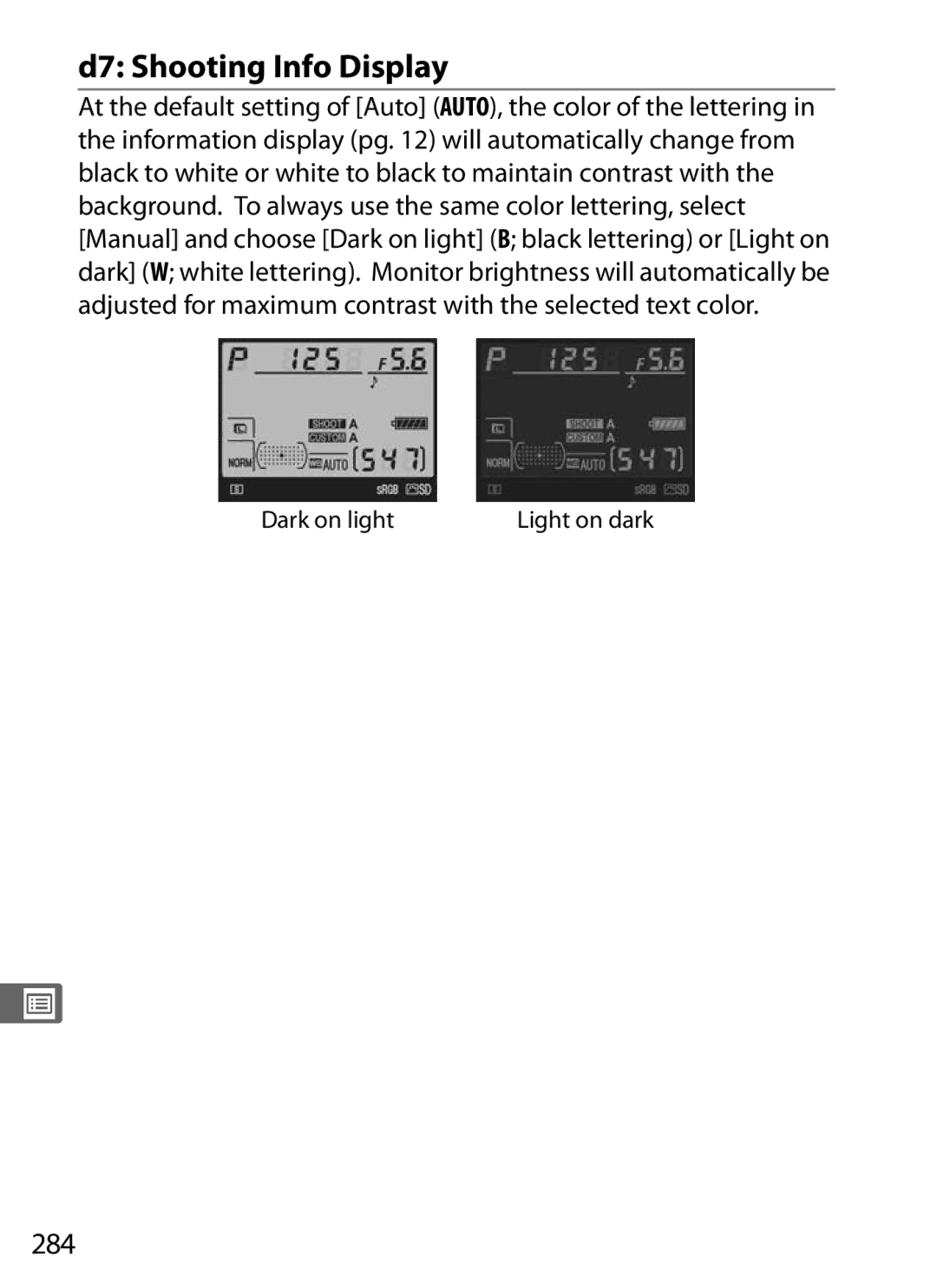 Nikon D300BODY, D300OUTFIT, 920162 user manual D7 Shooting Info Display, 284 