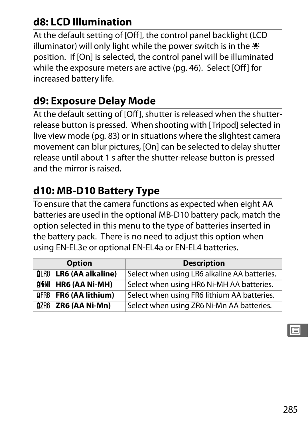 Nikon 920162, D300OUTFIT, D300BODY user manual D8 LCD Illumination, D9 Exposure Delay Mode, D10 MB-D10 Battery Type, 285 