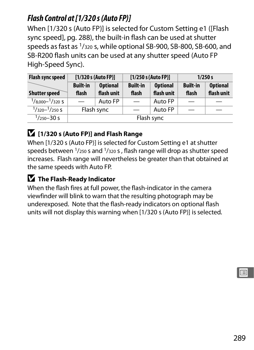 Nikon D300OUTFIT, D300BODY, 920162 Flash Control at 1/320 s Auto FP, 289, s Auto FP and Flash Range, Flash-Ready Indicator 