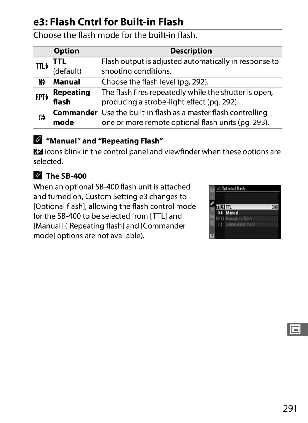 Nikon 920162, D300OUTFIT, D300BODY E3 Flash Cntrl for Built-in Flash, 291, Choose the flash mode for the built-in flash 