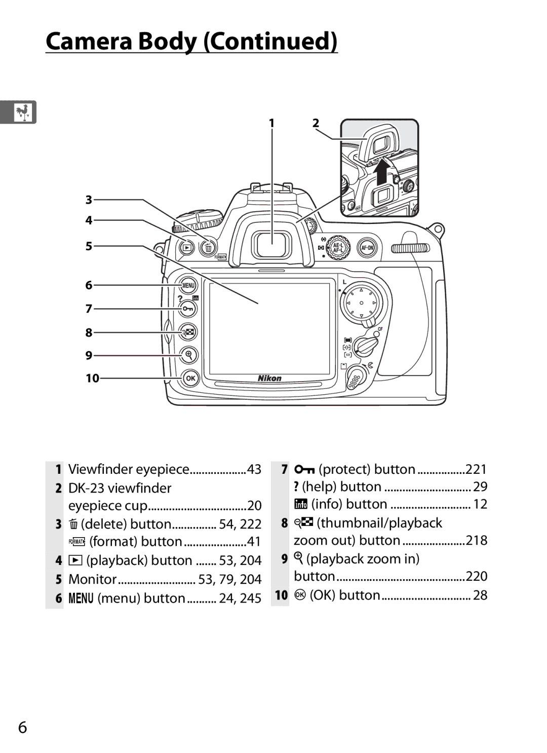 Nikon 920162, D300OUTFIT, D300BODY user manual DK-23 viewfinder, Lprotect button, Wthumbnail/playback, Xplayback zoom 