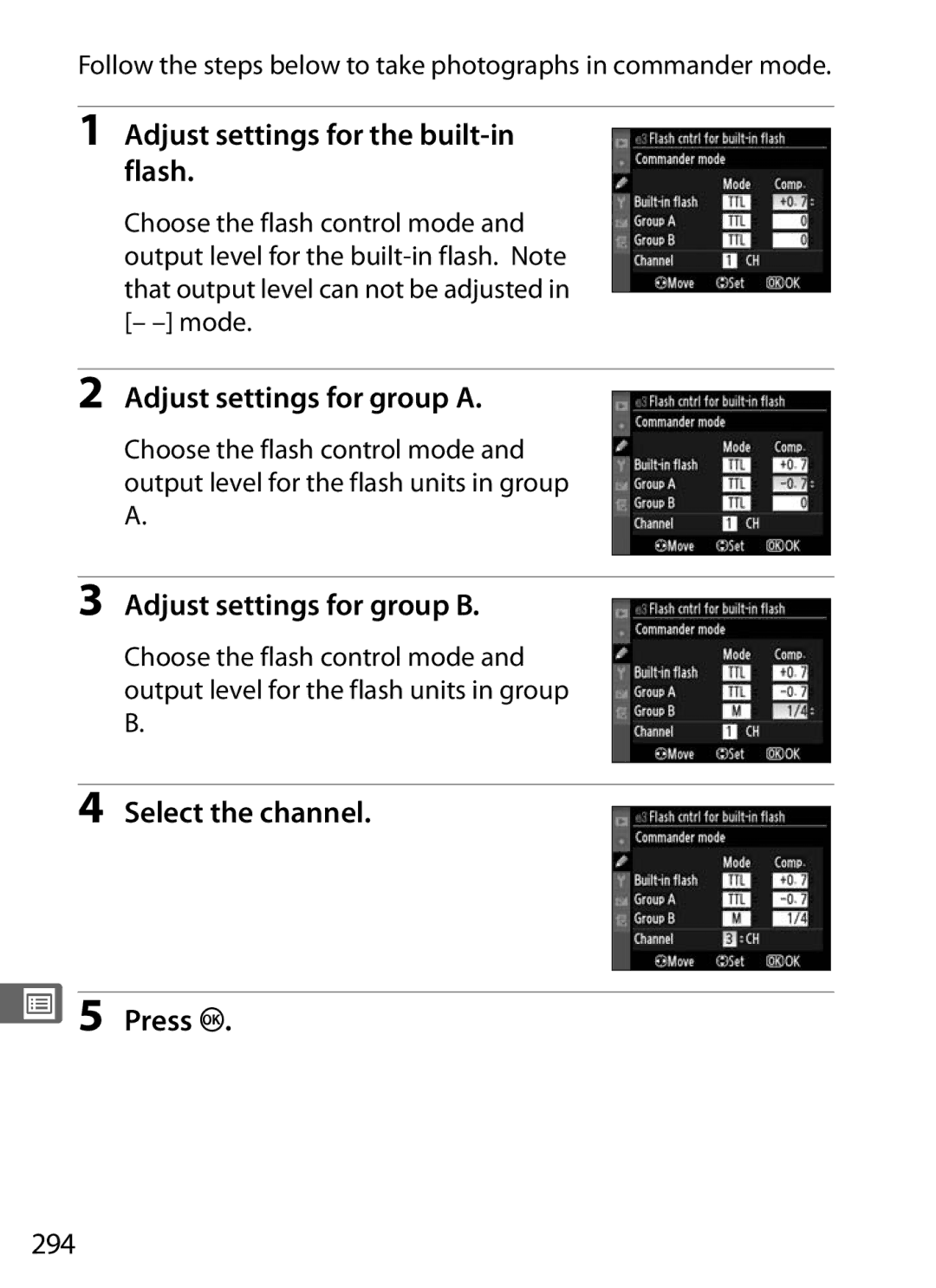 Nikon 920162 Adjust settings for the built-in flash, Adjust settings for group a, Adjust settings for group B, 294 