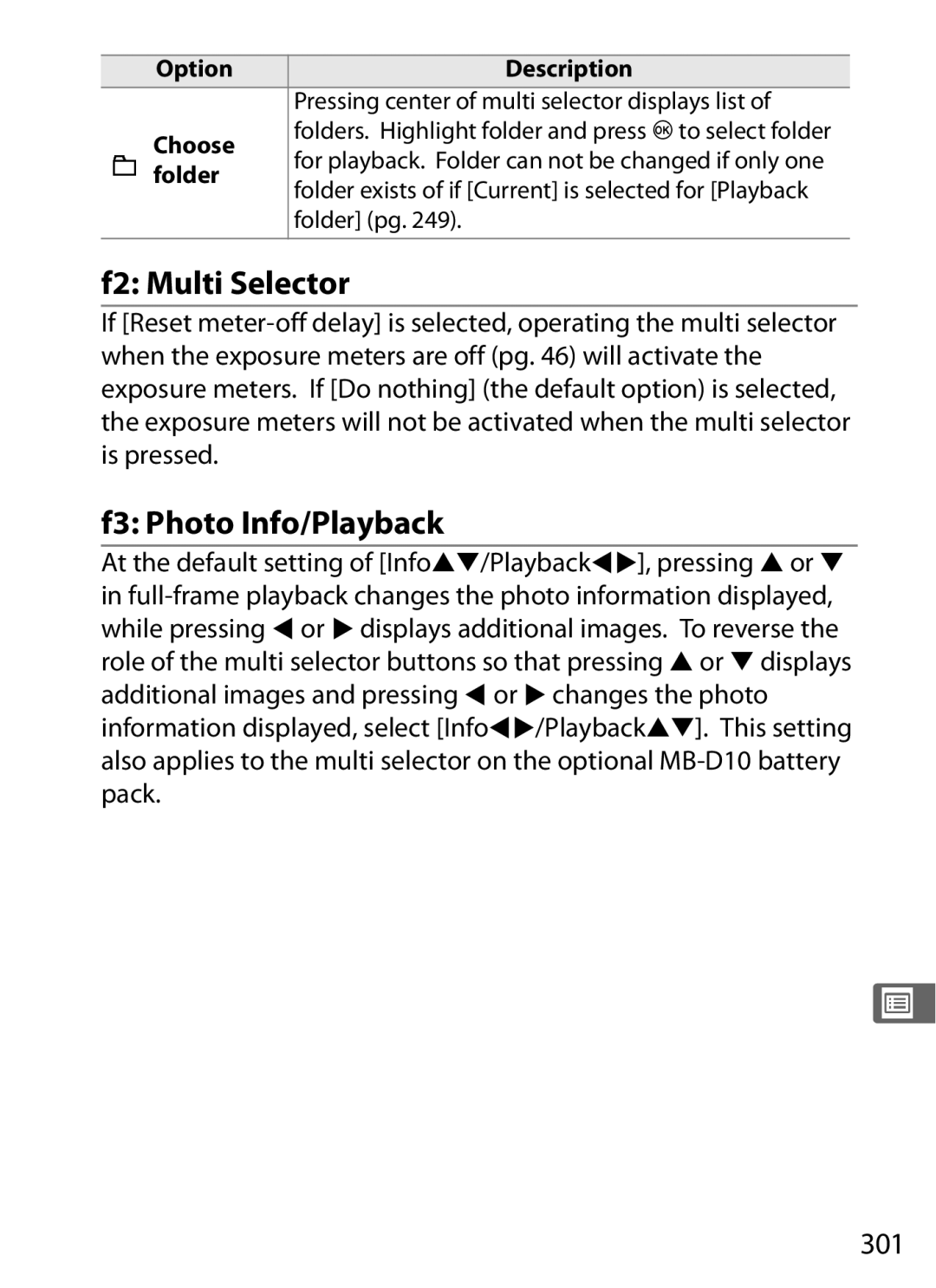 Nikon D300OUTFIT, D300BODY, 920162 user manual F2 Multi Selector, F3 Photo Info/Playback, 301, Folder pg 
