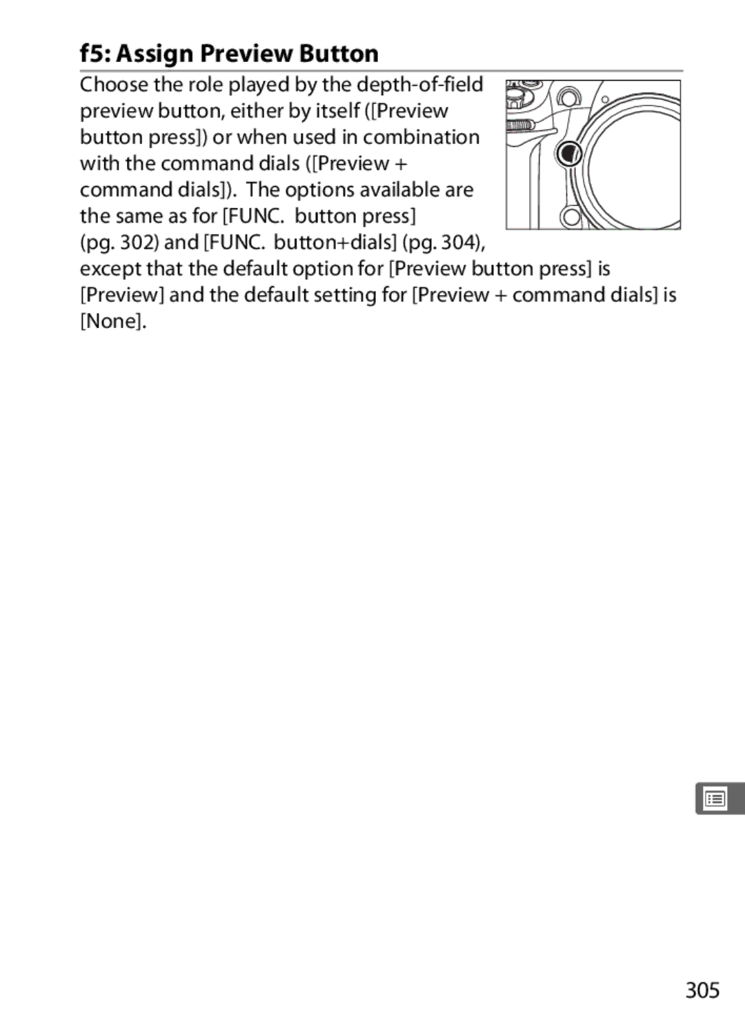 Nikon D300BODY, D300OUTFIT, 920162 user manual F5 Assign Preview Button, 305 