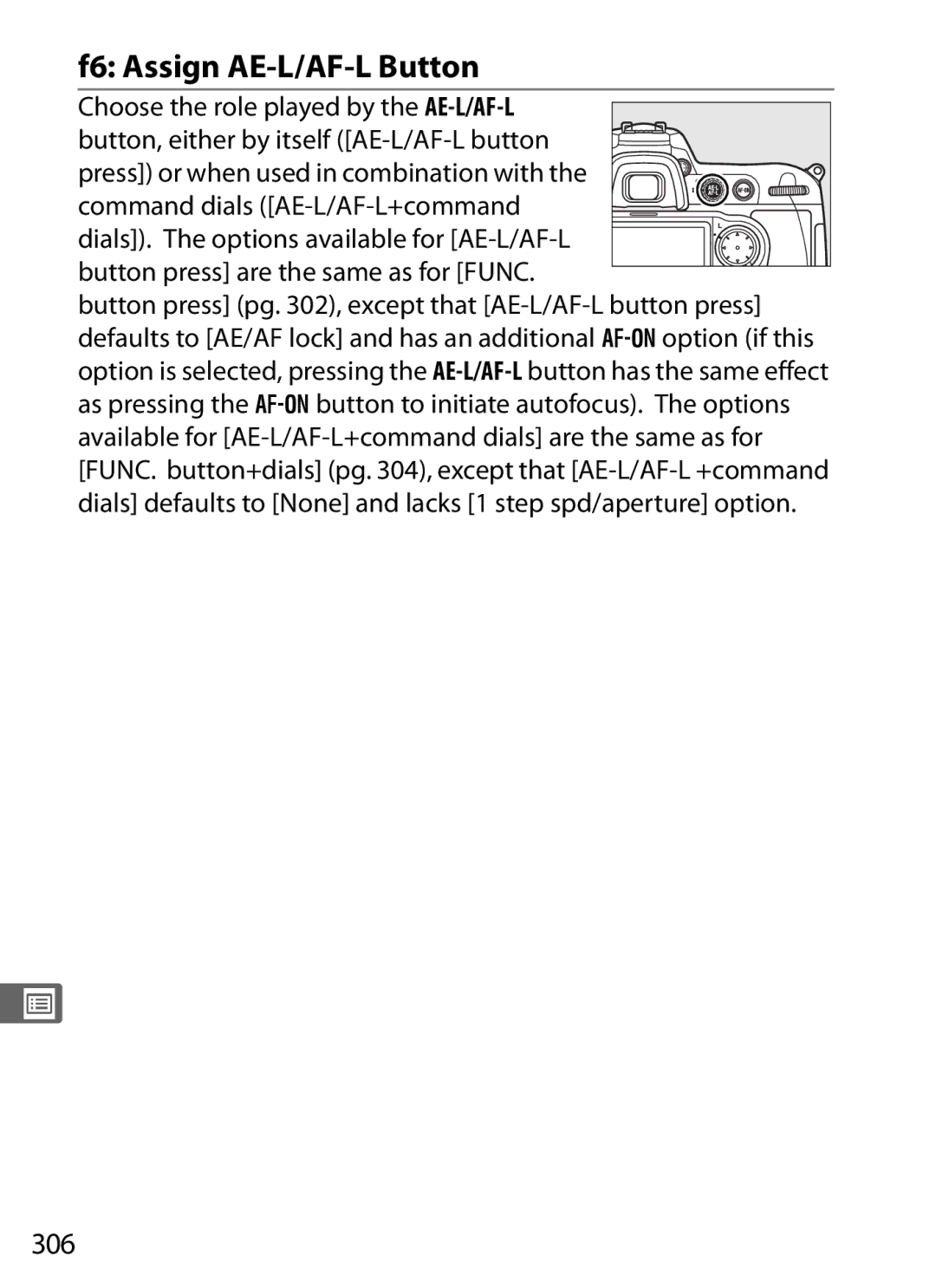 Nikon 920162, D300OUTFIT, D300BODY user manual F6 Assign AE-L/AF-L Button, 306 