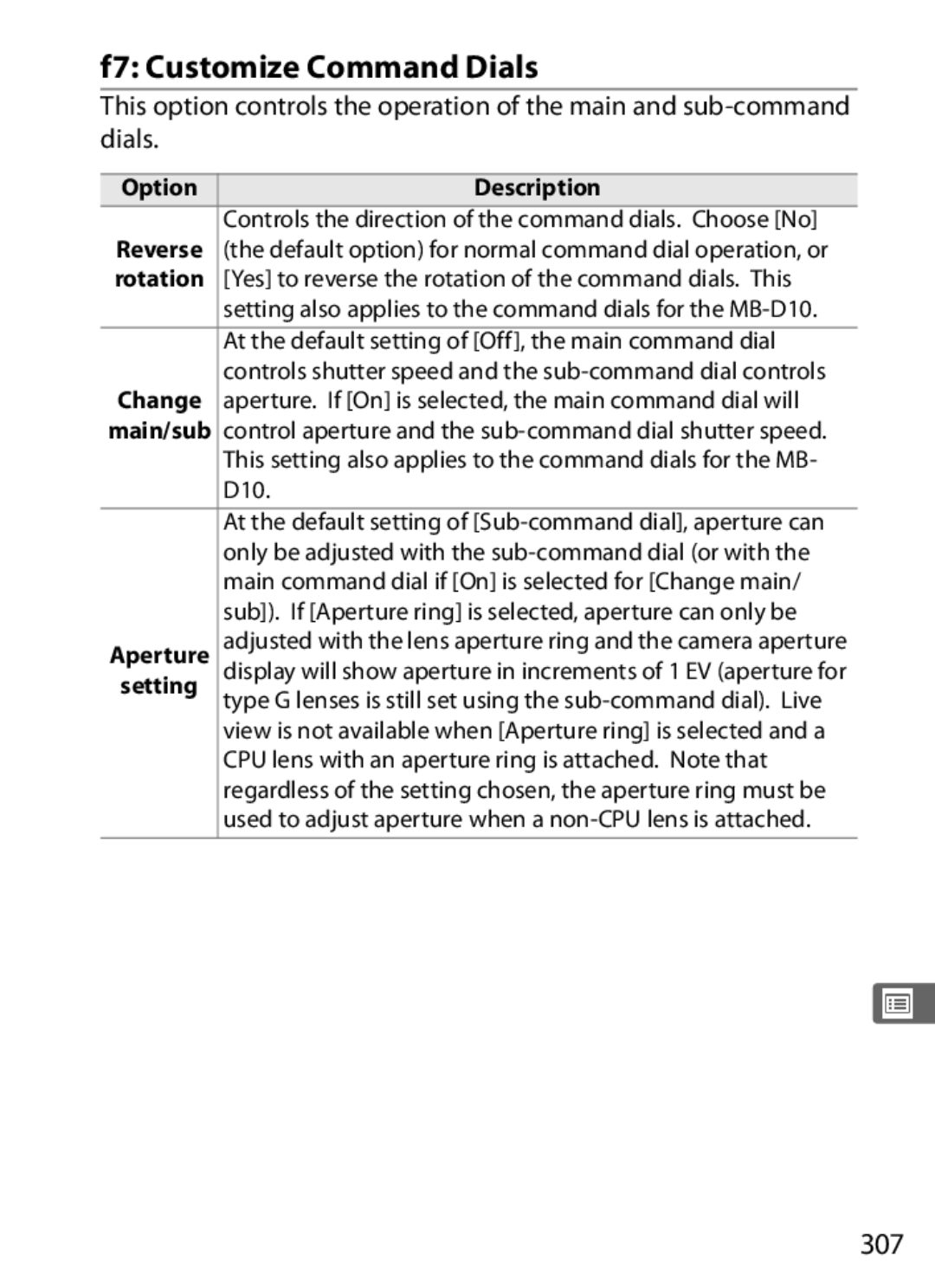 Nikon D300OUTFIT, D300BODY, 920162 user manual F7 Customize Command Dials, 307, Rotation 
