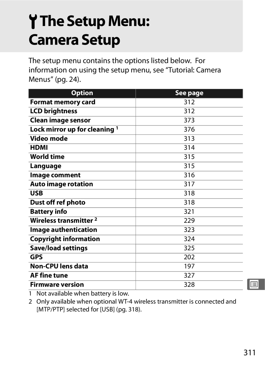 Nikon D300BODY, D300OUTFIT, 920162 user manual BThe Setup Menu Camera Setup, 311 