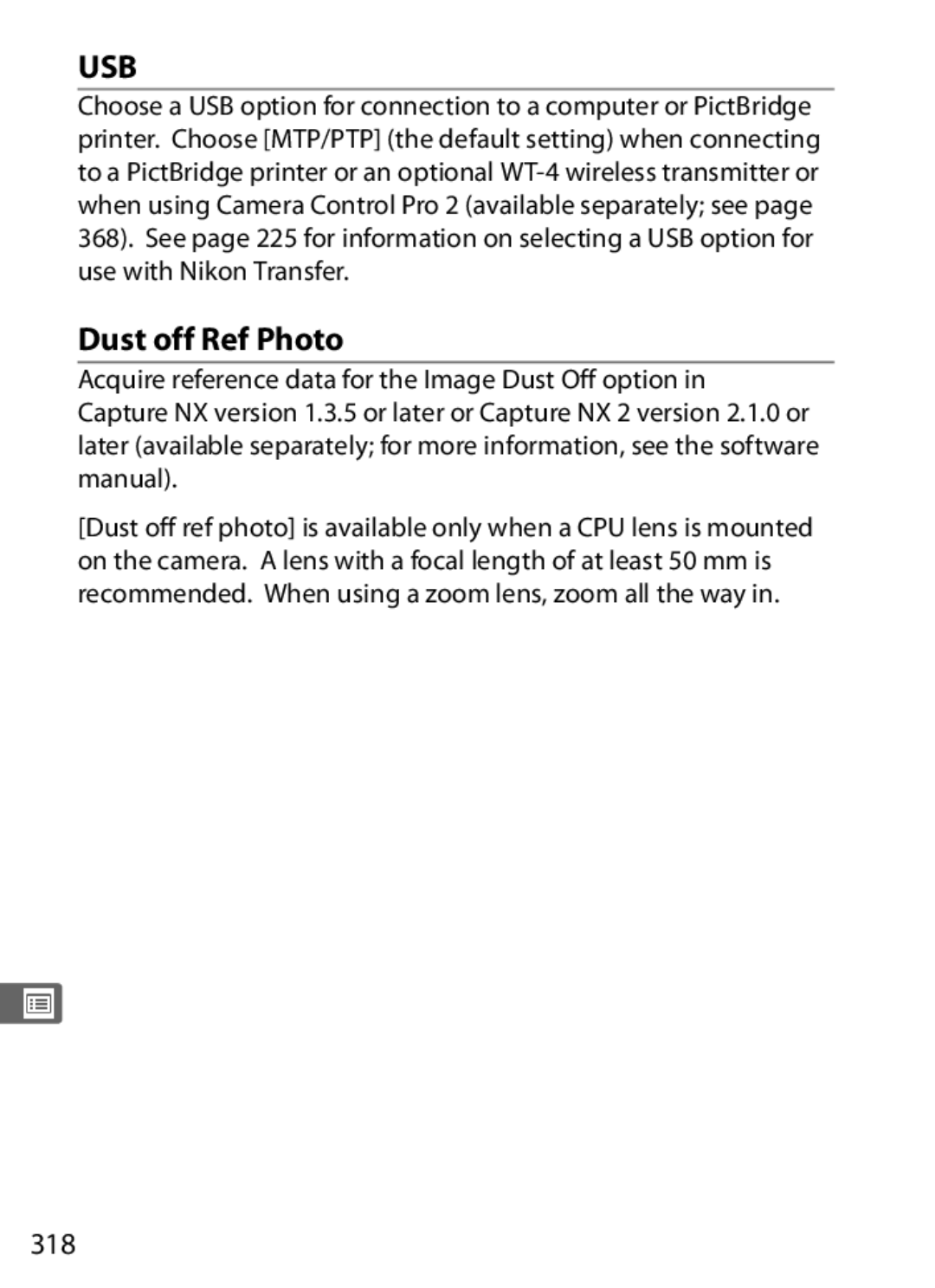 Nikon 920162, D300OUTFIT, D300BODY user manual Dust off Ref Photo, 318 