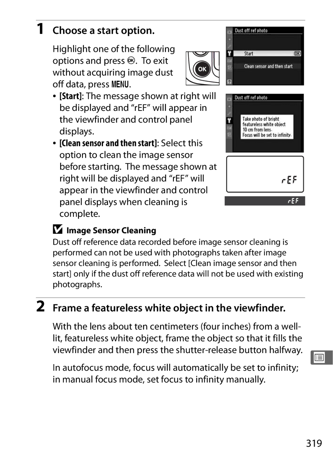 Nikon D300OUTFIT Choose a start option, Frame a featureless white object in the viewfinder, 319, Image Sensor Cleaning 