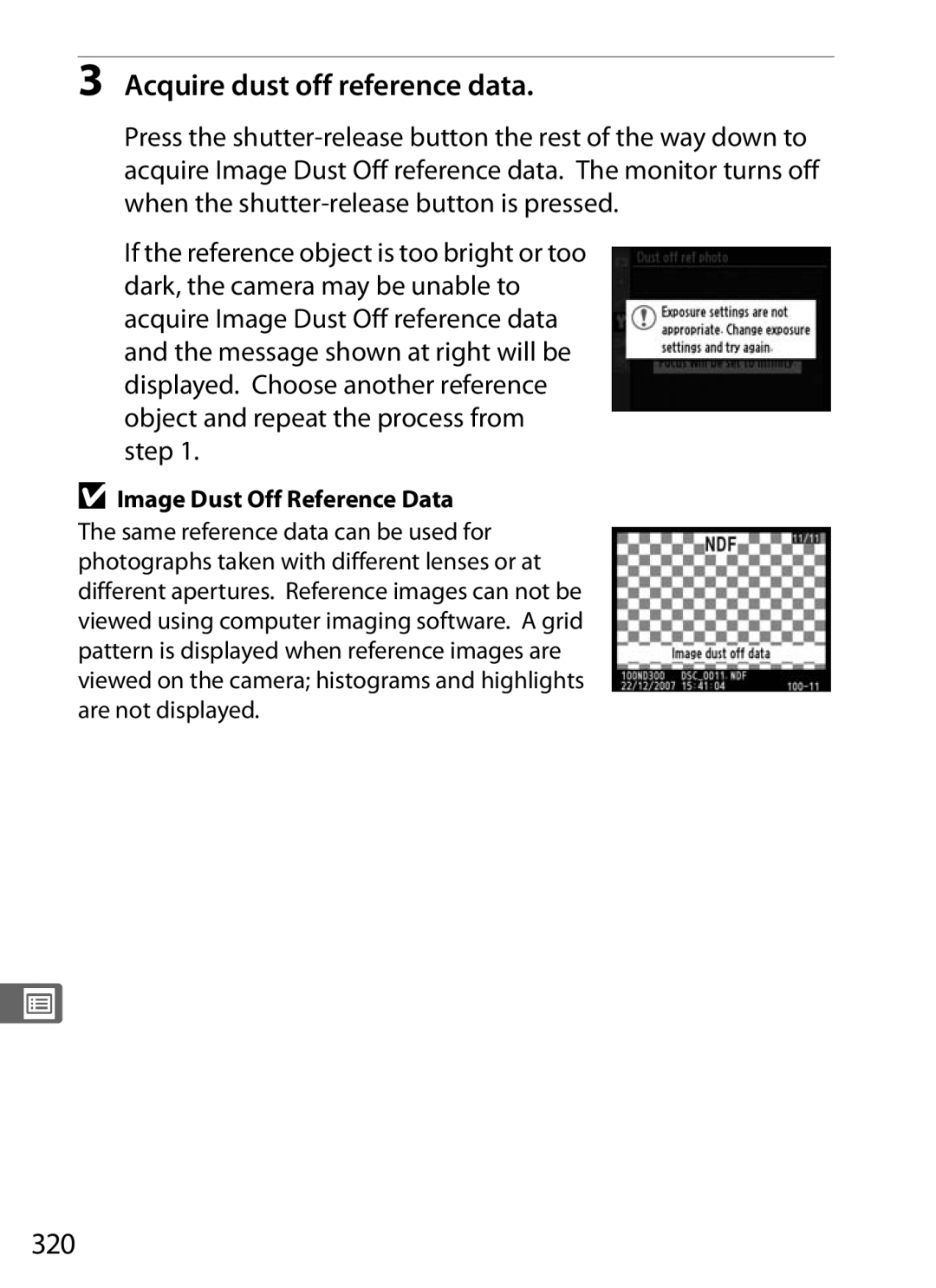 Nikon D300BODY, D300OUTFIT, 920162 user manual Acquire dust off reference data, 320, Image Dust Off Reference Data 