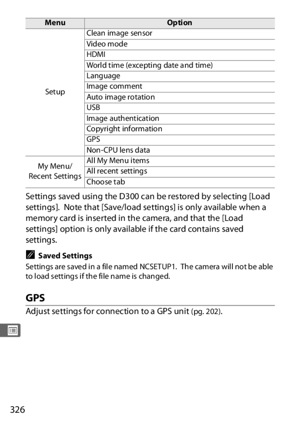 Nikon D300BODY, D300OUTFIT, 920162 user manual 326, Adjust settings for connection to a GPS unit pg, Saved Settings 