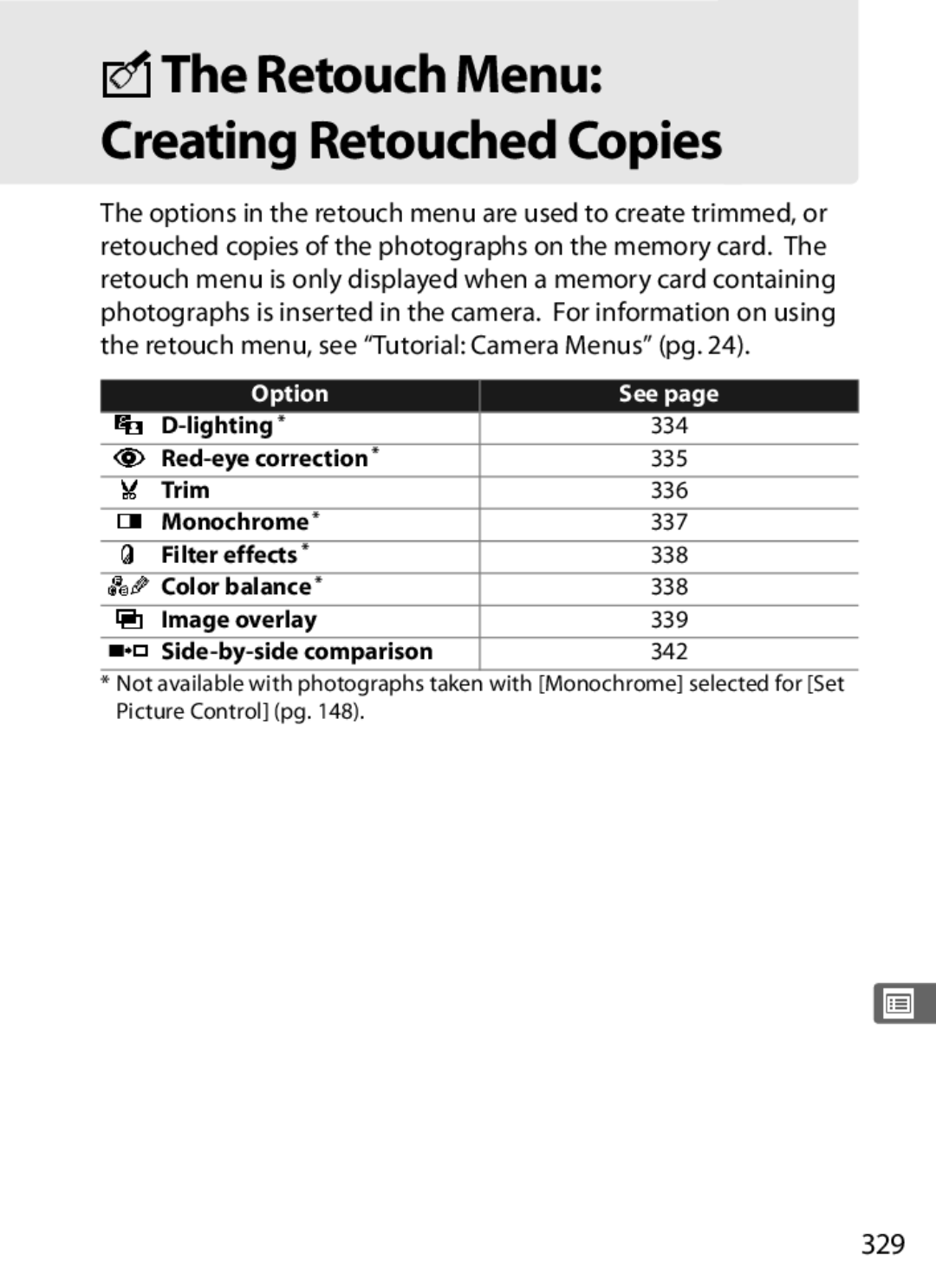 Nikon D300BODY, D300OUTFIT, 920162 user manual NThe Retouch Menu Creating Retouched Copies, 329 