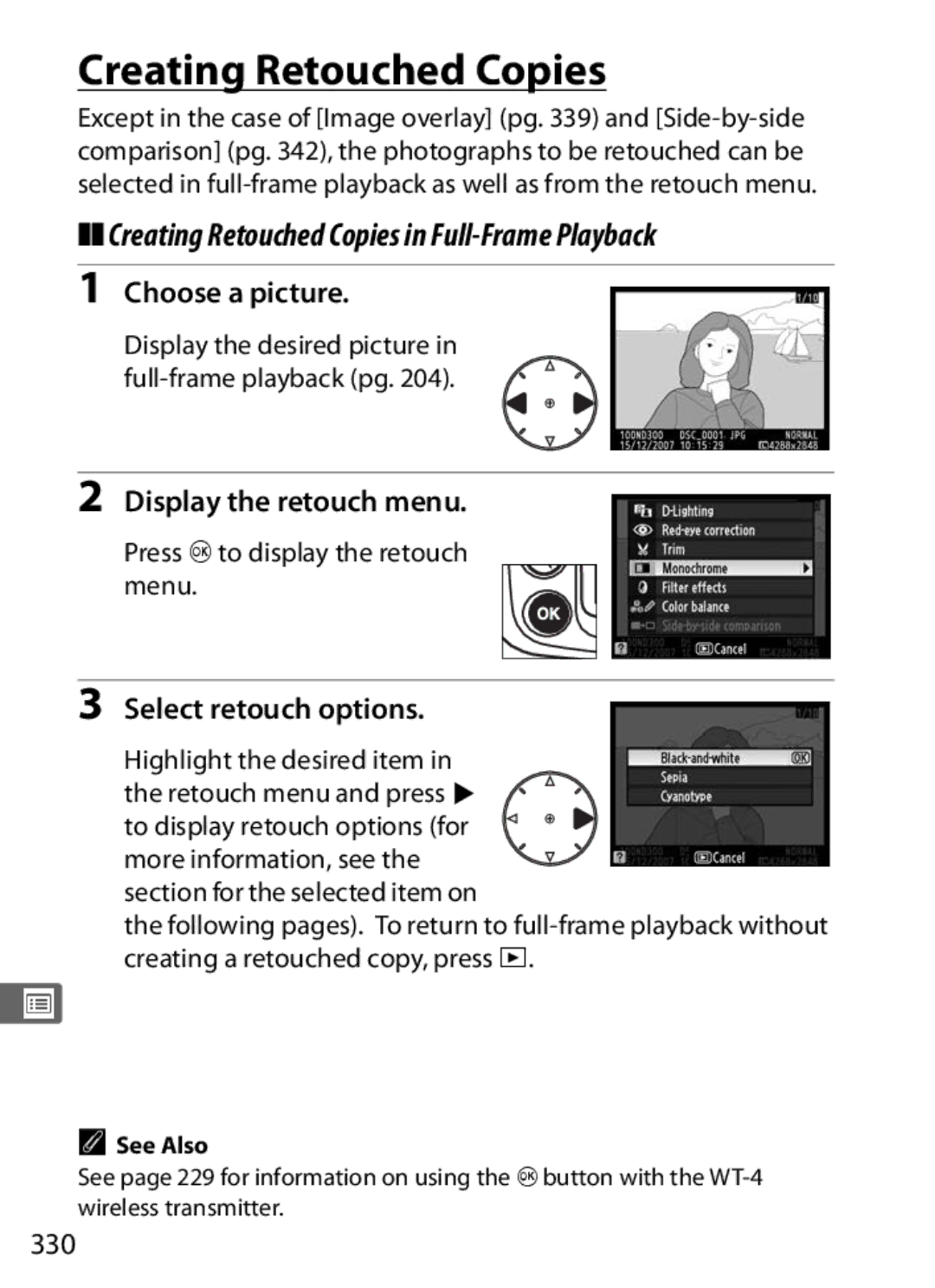 Nikon 920162, D300OUTFIT Creating Retouched Copies in Full-Frame Playback, Choose a picture, Display the retouch menu 