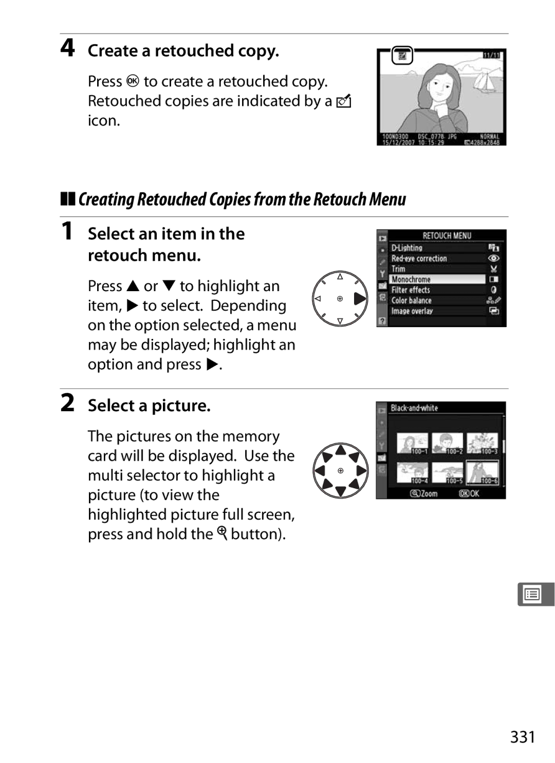 Nikon D300OUTFIT, D300BODY, 920162 user manual Creating Retouched Copies from the Retouch Menu, Create a retouched copy, 331 