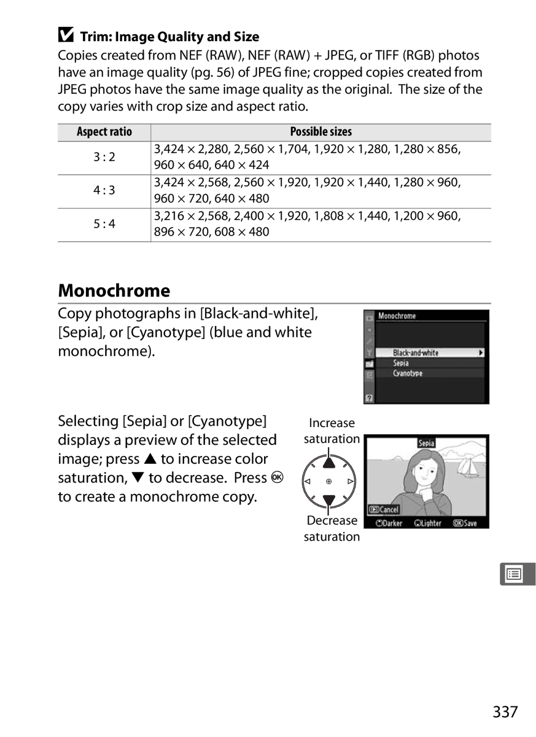 Nikon D300OUTFIT, D300BODY, 920162 user manual Monochrome, 337, Trim Image Quality and Size, Possible sizes 