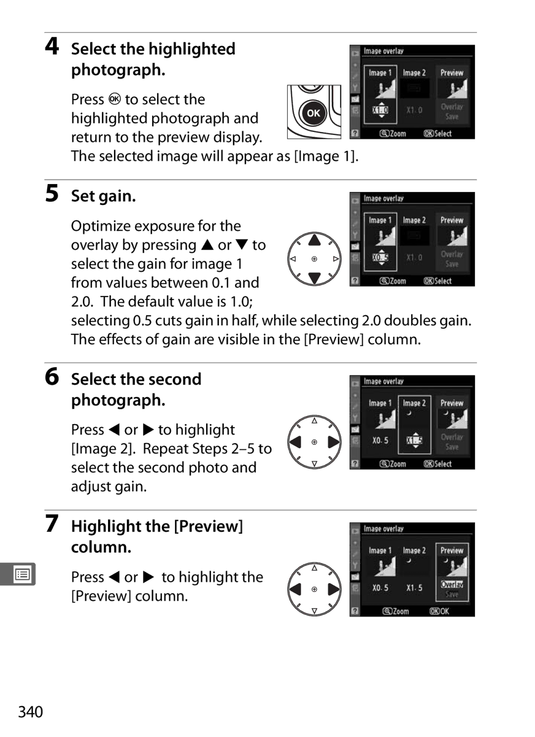 Nikon D300OUTFIT, D300BODY, 920162 Highlight the Preview column, 340, Press 4 or 2 to highlight the Preview column 