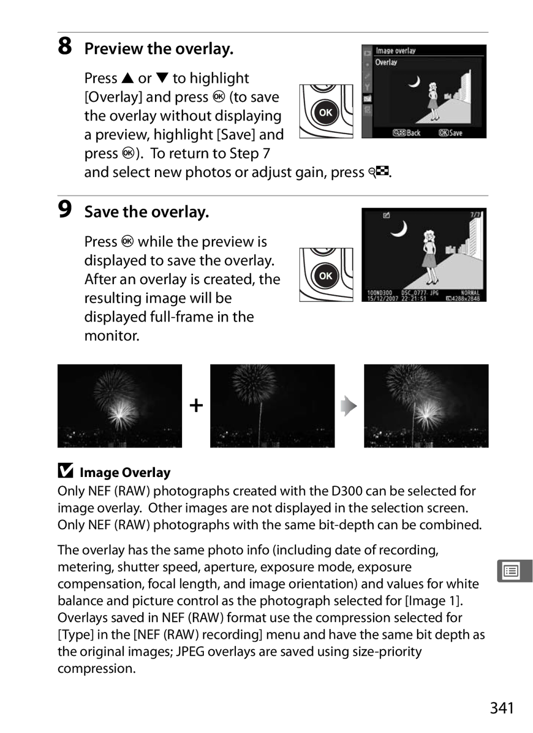 Nikon D300BODY, D300OUTFIT, 920162 user manual Preview the overlay, Save the overlay, 341 