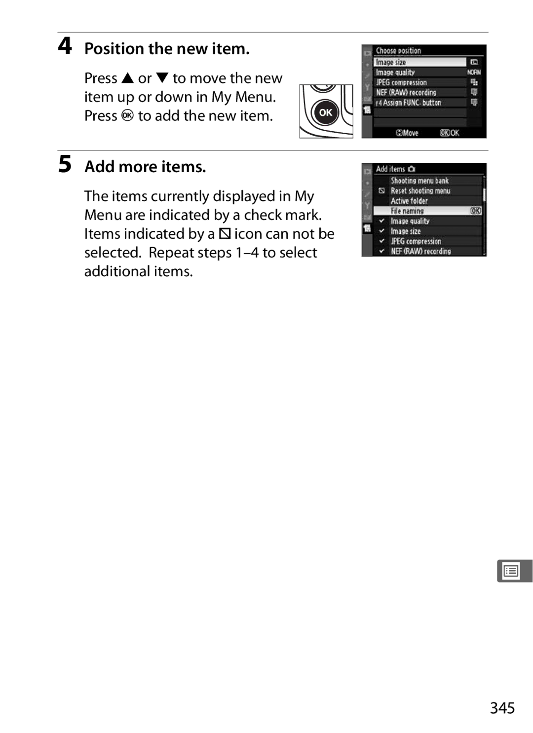 Nikon 920162, D300OUTFIT, D300BODY user manual Position the new item, Add more items, 345 